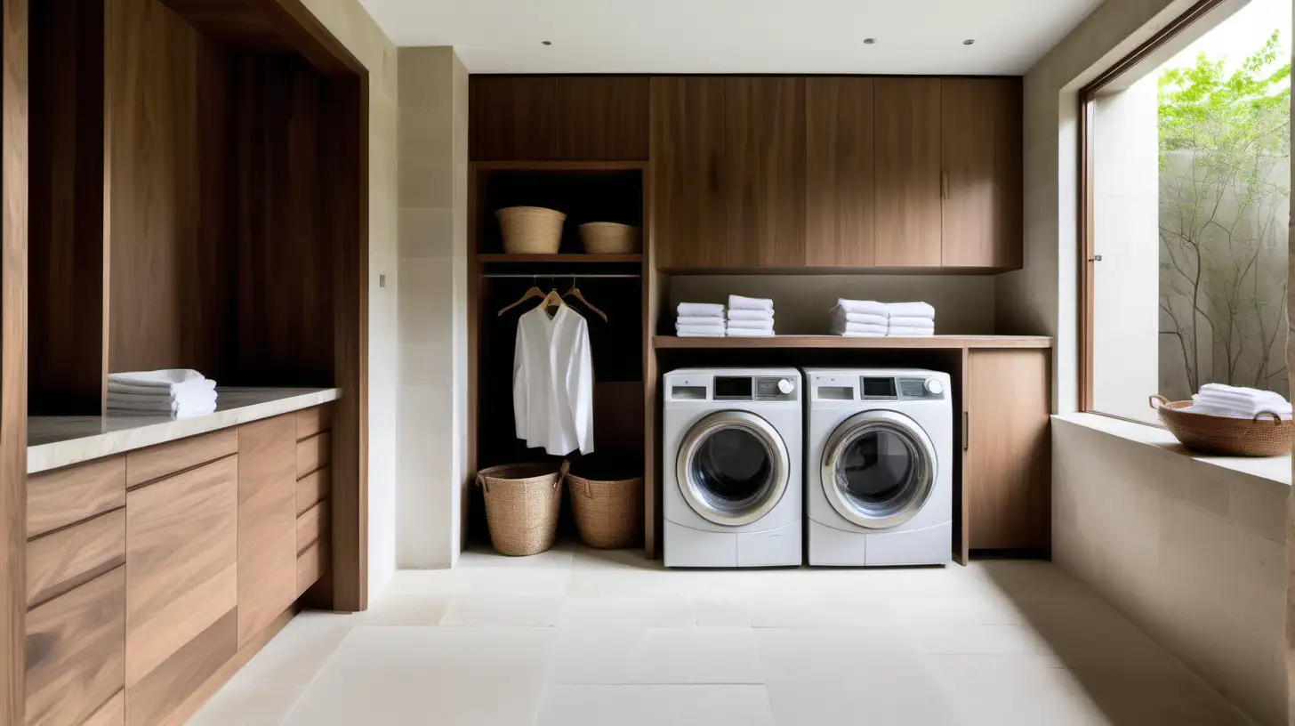 a large estate home in organic minimalist modern japandi style laundry; walnut wood, limewashed walls, limestone floor