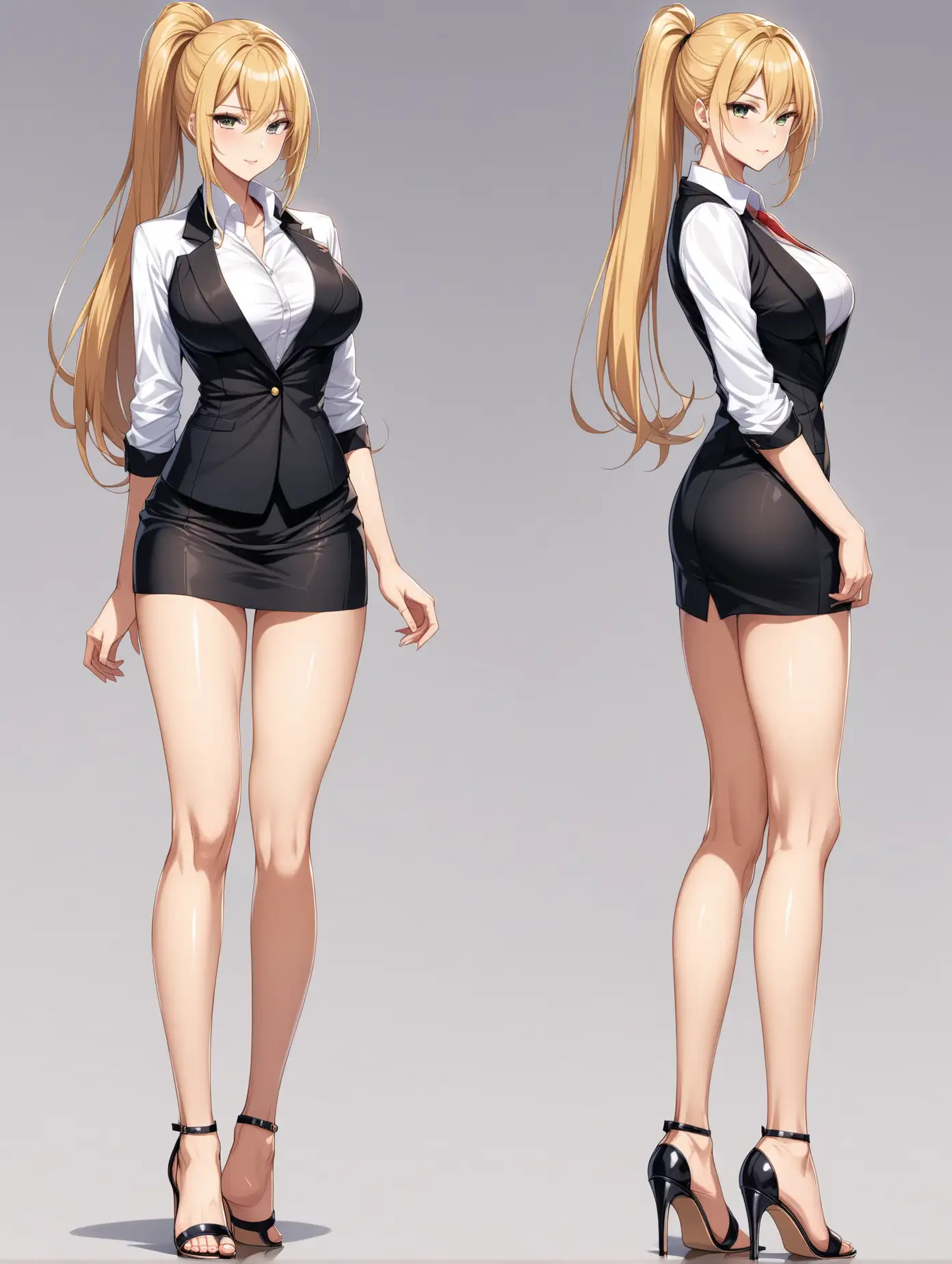 Sensual picture in full body of a anime girl, hot, elegant, business leader, height tall, blonde hair, long ponytail, ankle strip high heels sandals, 2 poses