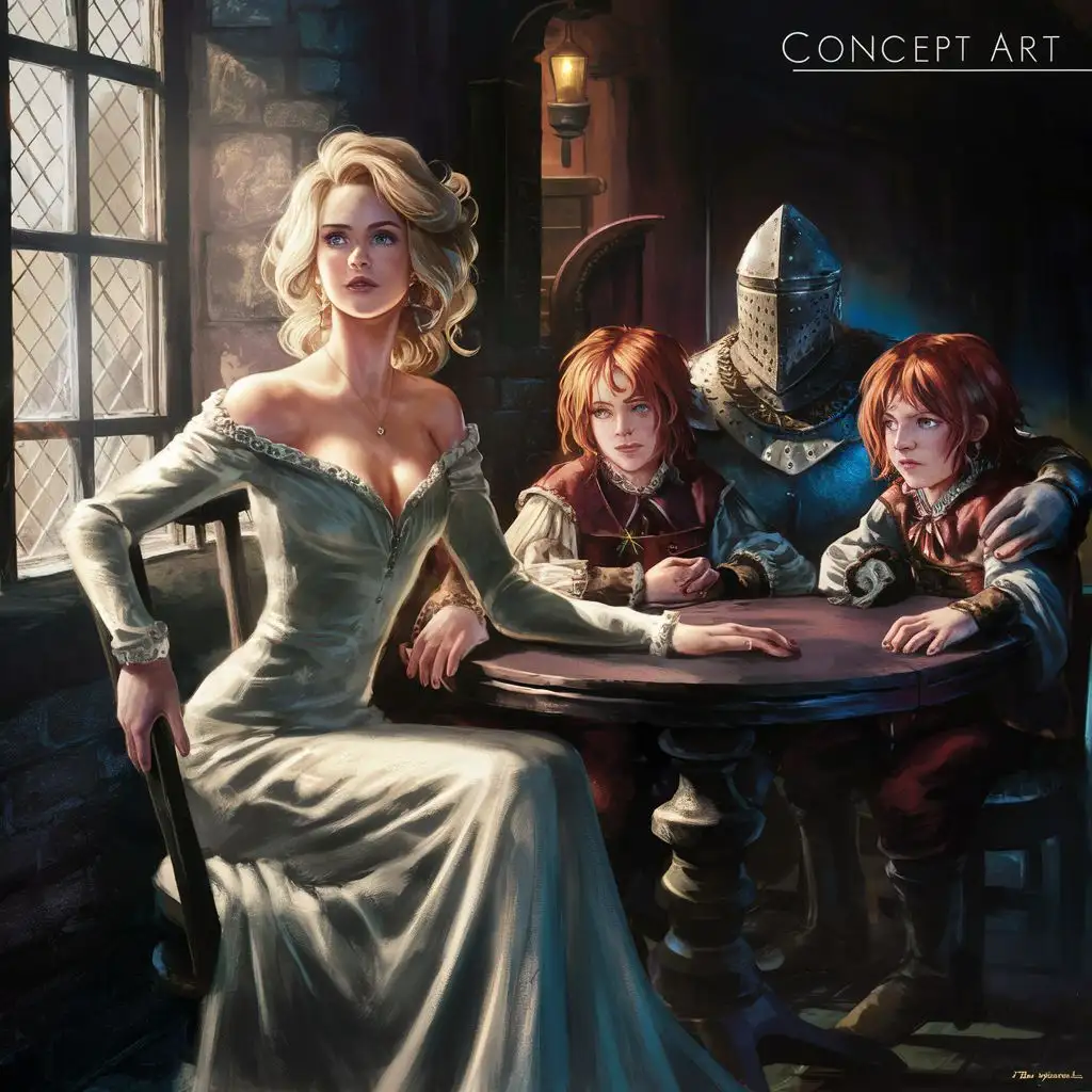 женщина со светлыми волосами в длинном платье вместе с рыцарем и двумя рыжими парнями-близнецами сидит за круглый столиком в трактире у окна, тёмная картинка, детальная прорисовка, фэнтези-арт, искусство, концепт-арт, ренессанс, детальное.