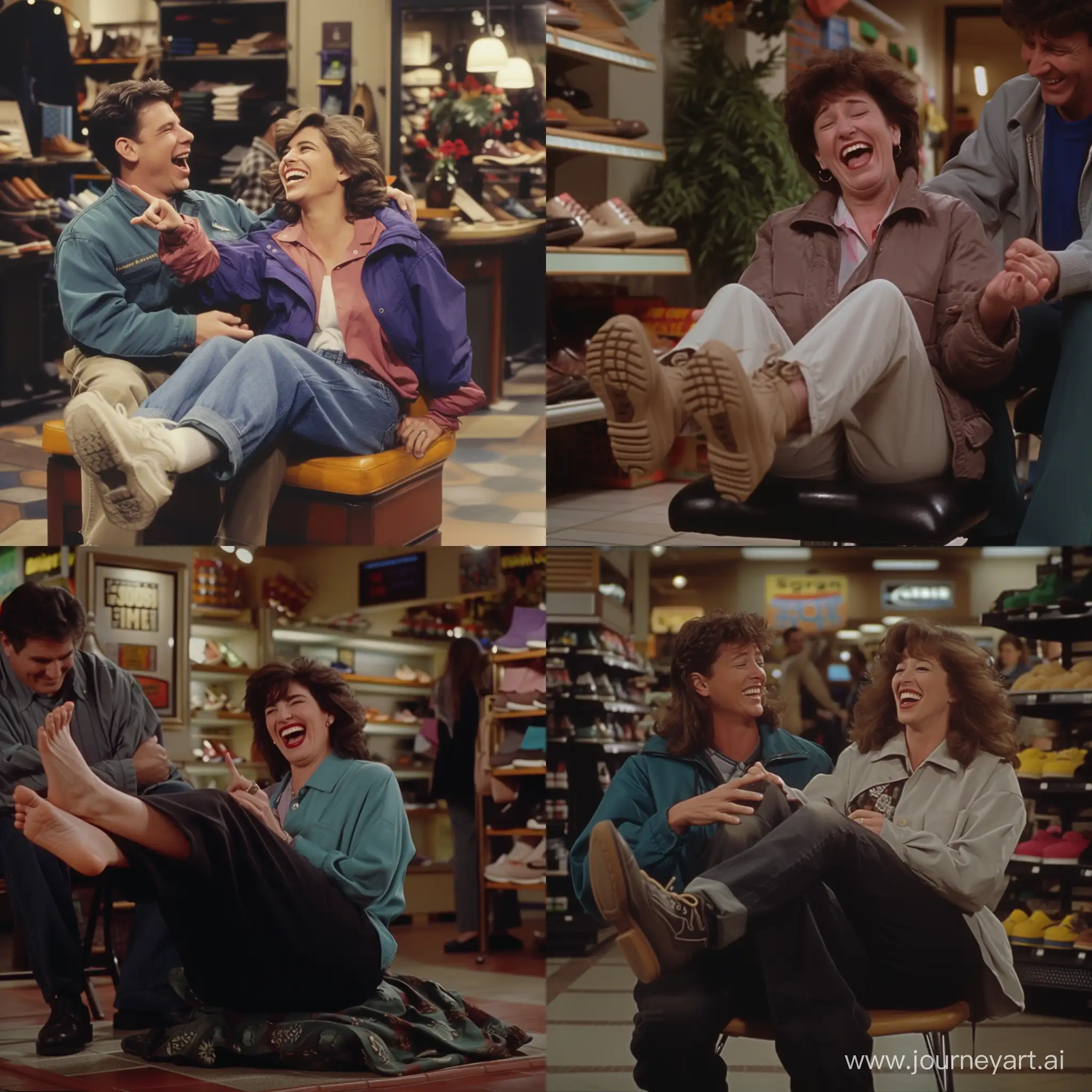 still from a 90s sitcom, a woman laugh in the Shoe store while the clerk tickle her feetsoles with his fingersnails 