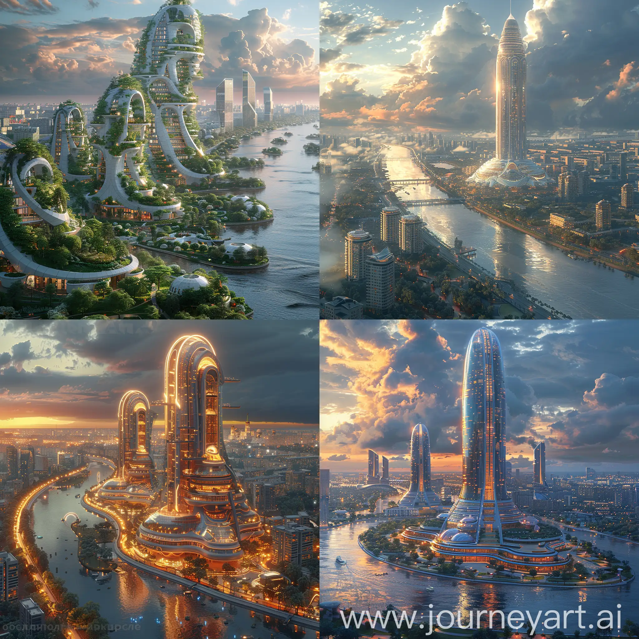 Futuristic Saint Petersburg, 2060s and beyond, Sustainable Skyscrapers, Eco-Friendly Transportation, Climate Adaptation, virtual and Augmented Reality, octane render --stylize 1000