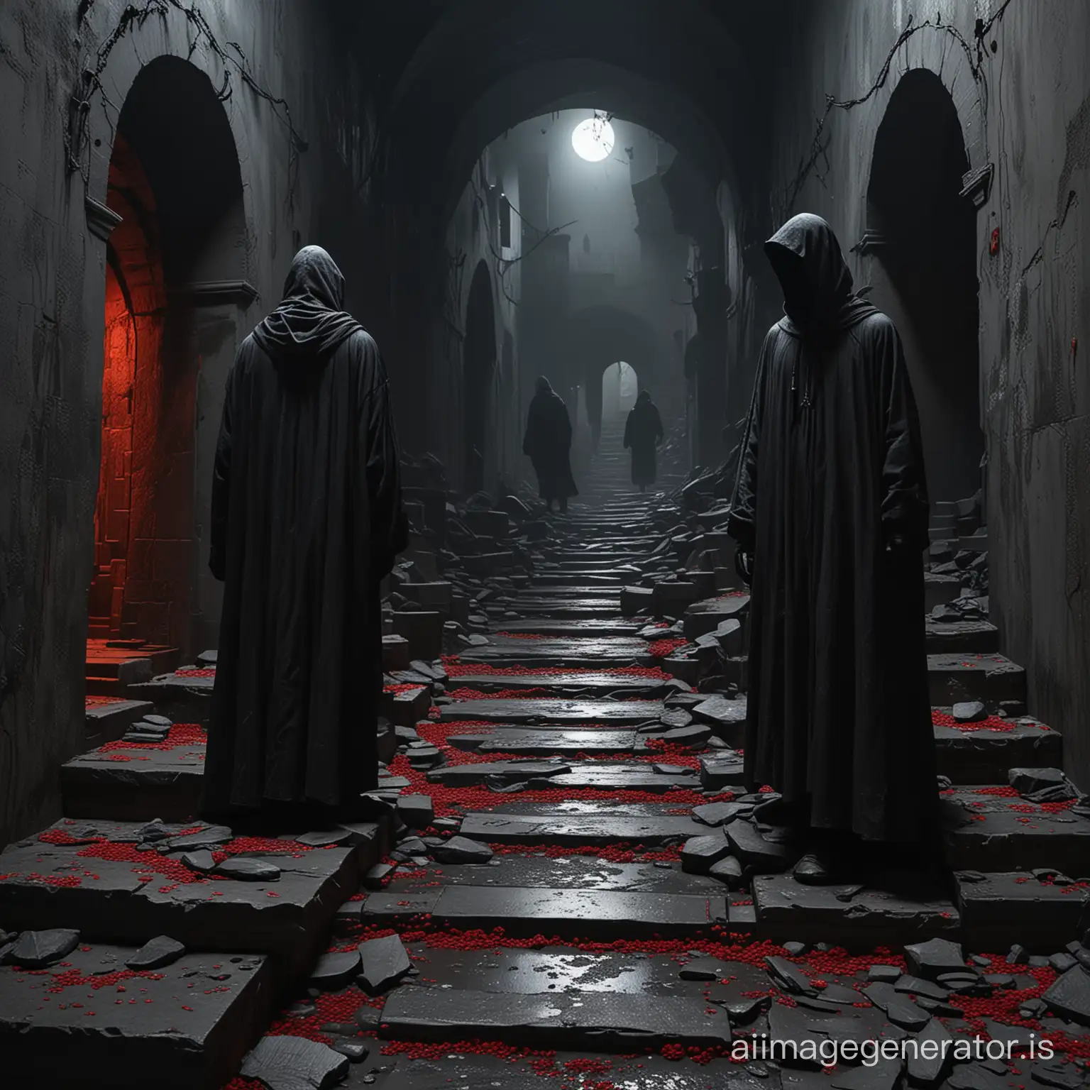 2 tall bald ghosts in rags, in the dark, the painting shows a silhouette in a black robe with a hood, mystical surrealism, stairs and arches, black cracked plaster, black coal on a black night background, ash and darkness, red mirrors puddles, grunge painting, the paint layer is dry and cracked, Ray Tracing Global Illumination, Glow, insanely detailed and intricate,superdetailed