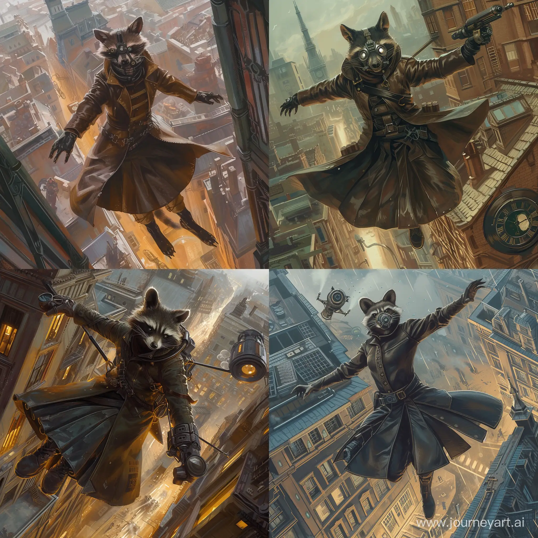 Raccoon steampunk engineer in a long-skirted leather raincoat in a mask from the game Dishonored, flying on a Space Maneuvering Device from the Attack of the Titans, at the roof level of steampunk city, steampunk art