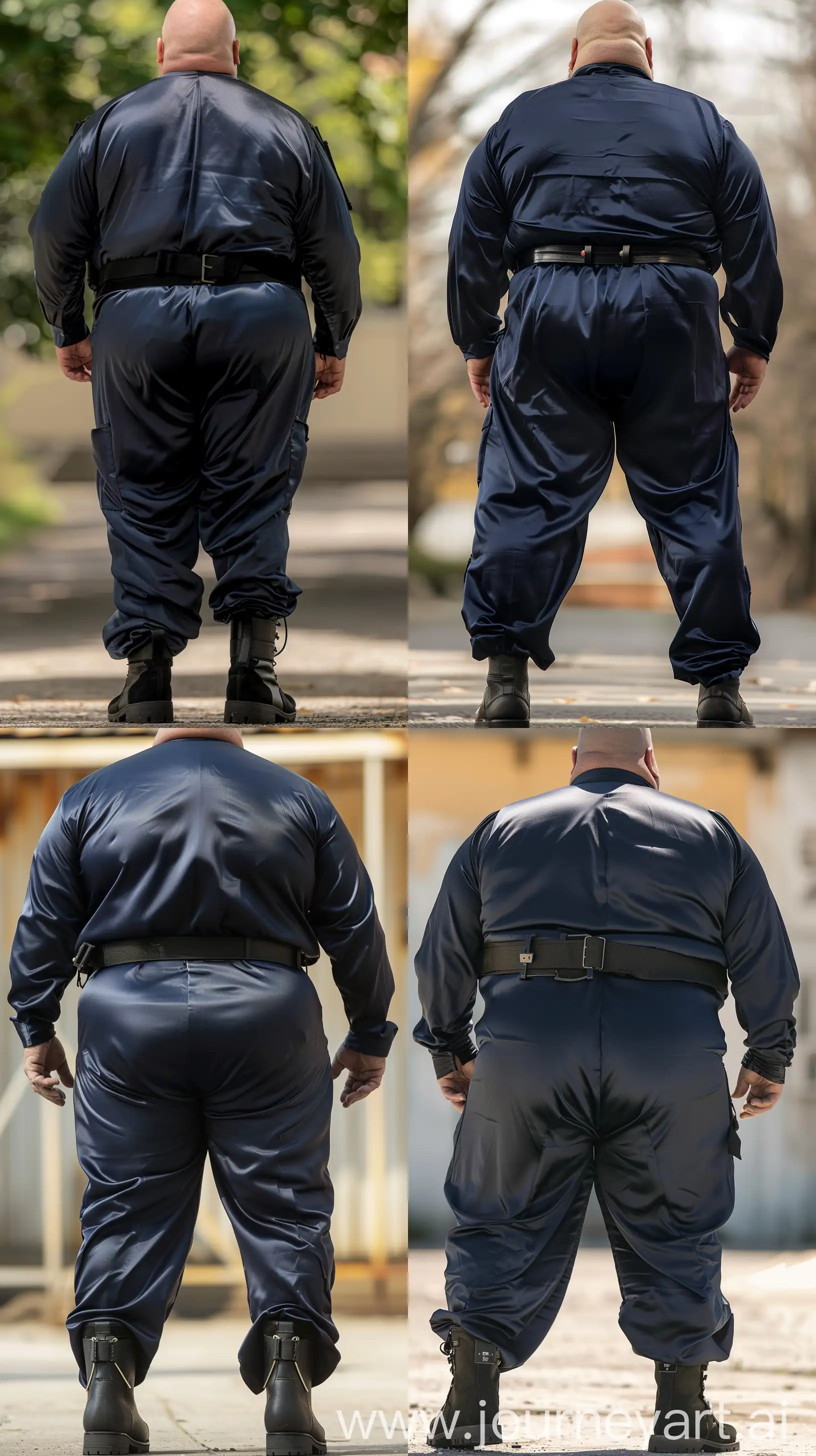 Close-up full body back view photo of a very fat man aged 60. The man is wearing silk very slim fitted navy battle coverall tucked in black tactical boots. Black tactical belt. Standing straight. Straight legs. Outside. Bald. Clean Shaven. Natural light. --ar 9:16