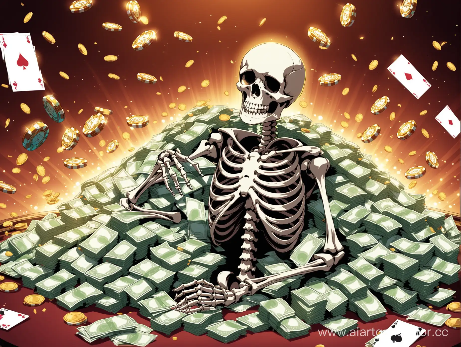 скелет с кучей денег играет в казино

