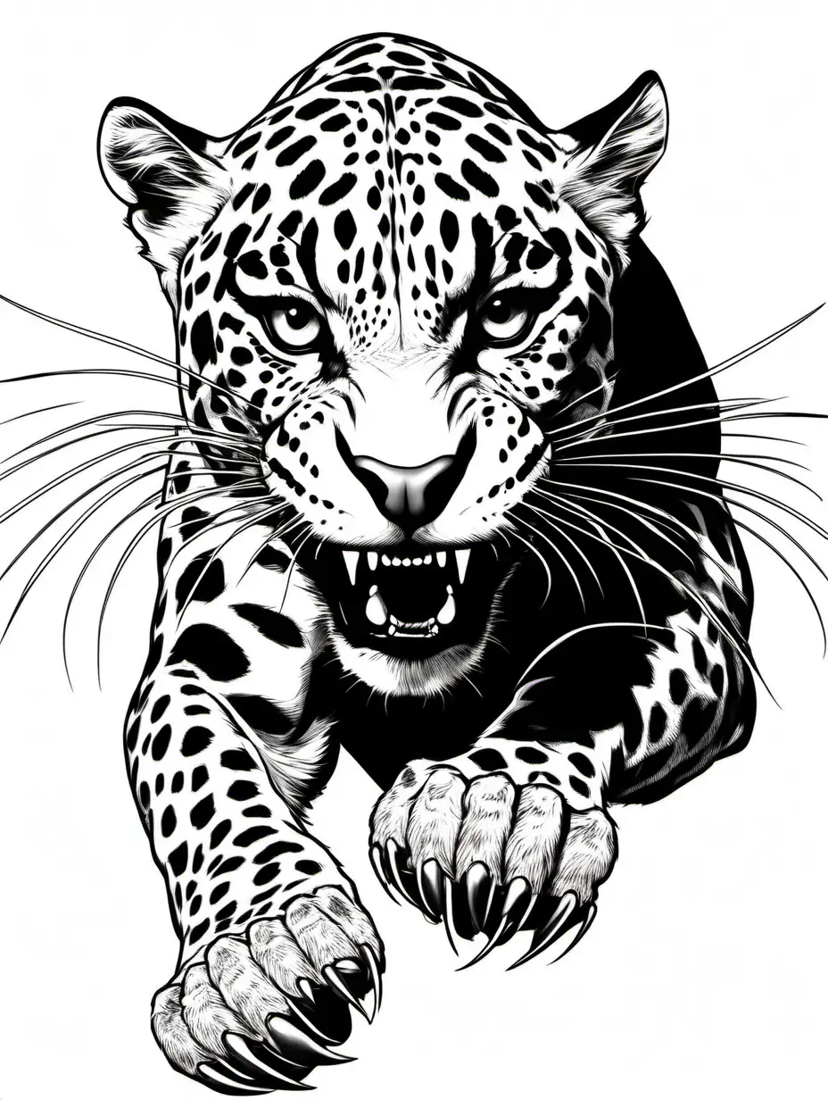 Graceful-Jaguar-Pouncing-with-Sharp-Claws-and-Teeth-in-Detailed-Line-Art