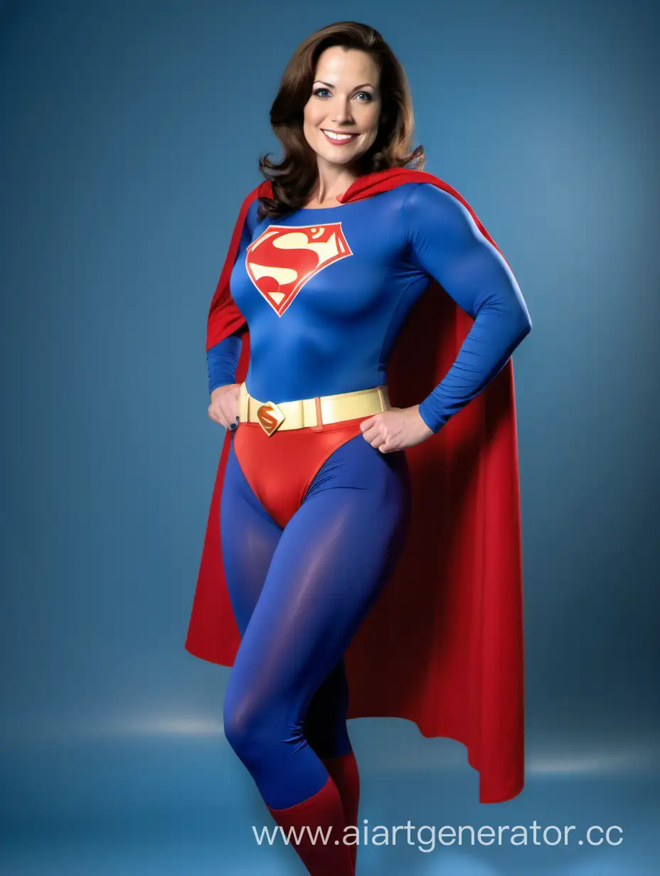 A beautiful woman with brown hair, age 36, She is happy and muscular. She is wearing a Superman costume with (blue leggings), (long blue sleeves), red briefs, and a long cape. The symbol on her chest has no black outlines. She is posed like a superhero, strong and powerful. In the style of a 1960s movie.