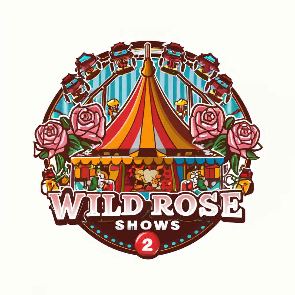a logo design,with the text "carnival-themed sticker for "Wild Rose Shows" and "Unit 2"  for employees to show proudly", main symbol:AMUSEMENT RIDES,Moderate,be used in Entertainment industry,clear background