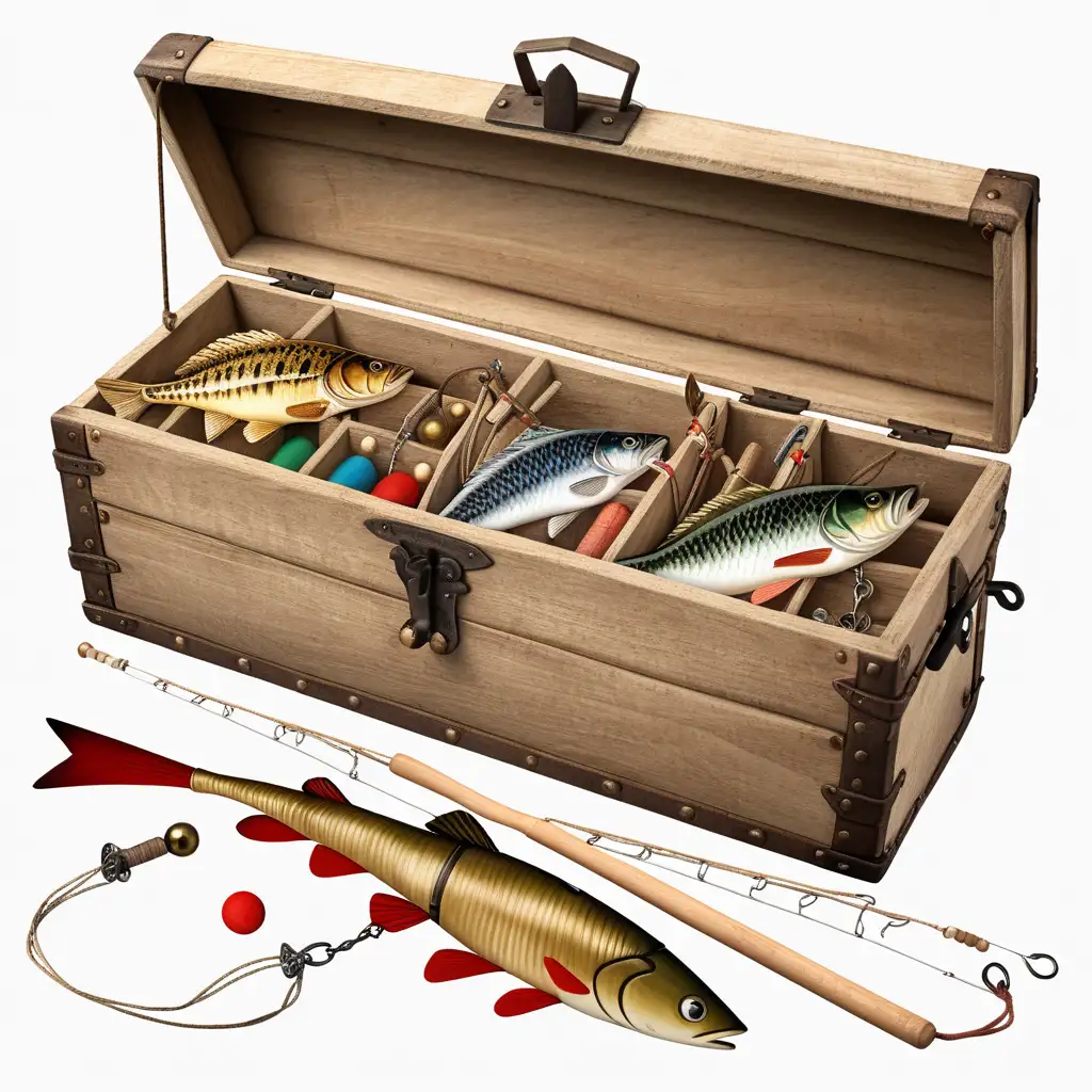 medieval fishing tackle with metal storage container, wooden fishing pole and bait no background