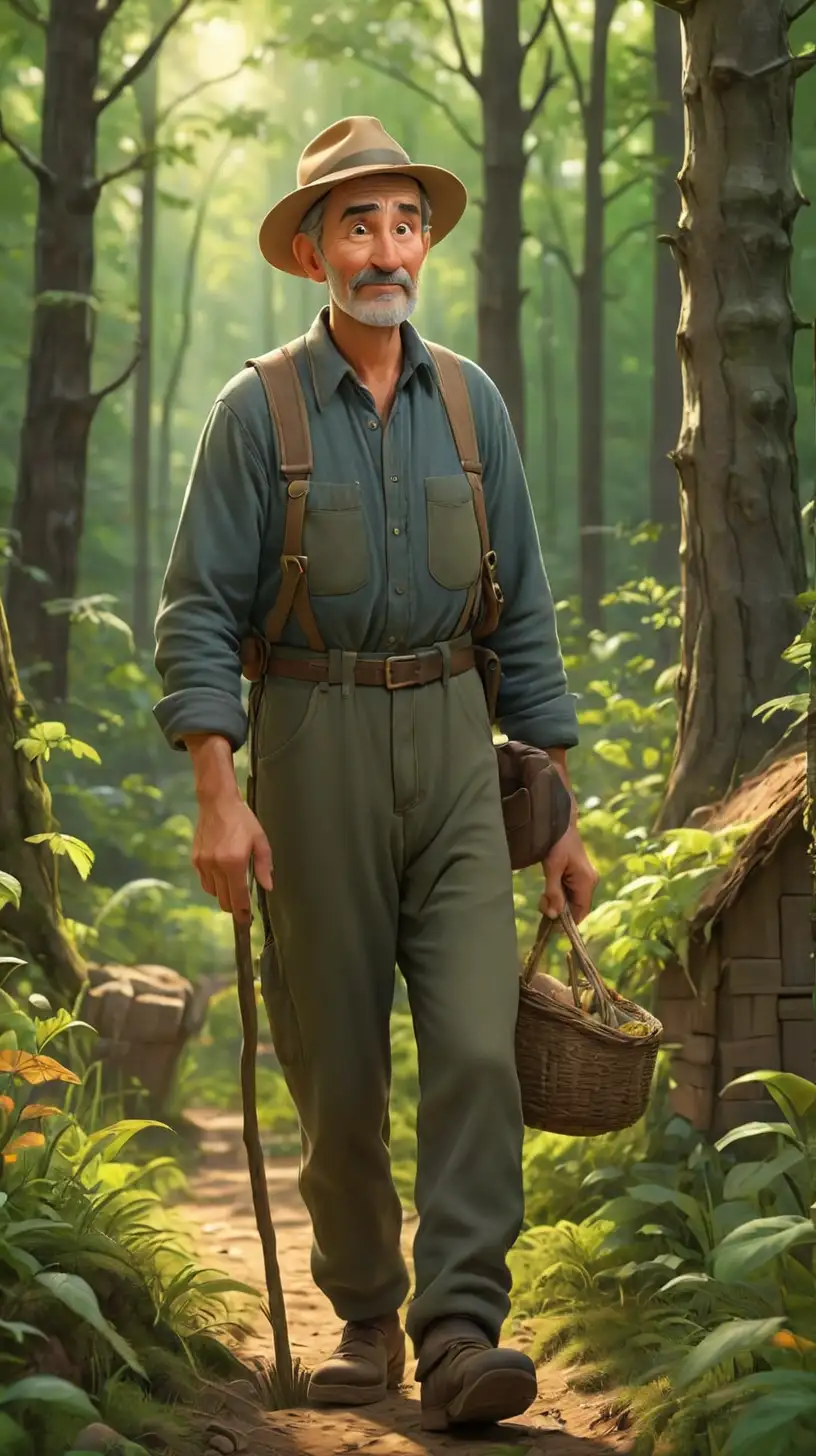 Create a 3D illustrator of an animated scene where a middle aged, calm looking, village farmer is searching something in the forest with dense trees. Beautiful, colourful and spirited background illustrations.