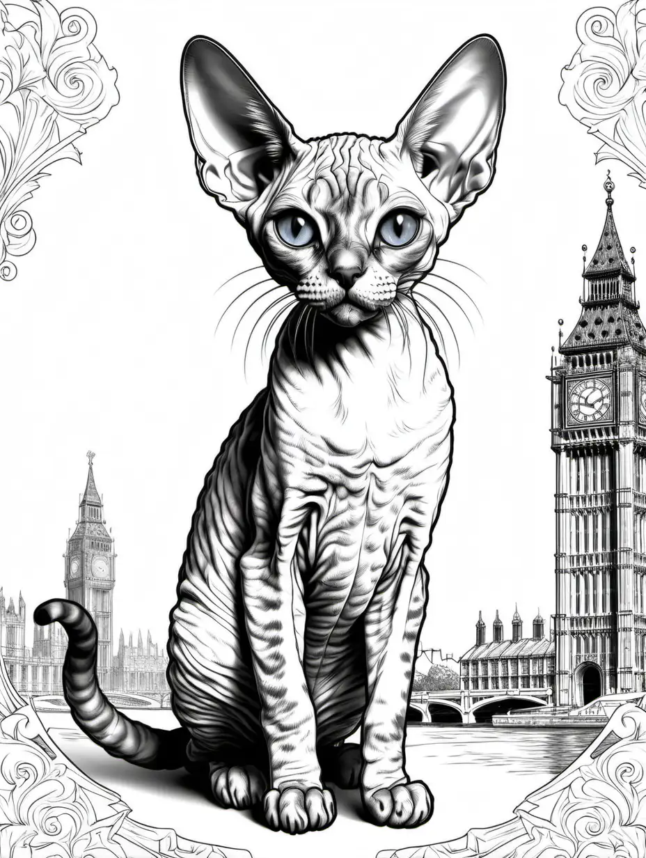 Generate an intricate and detailed coloring page for adults featuring a full body Devon Rex breed cat as the main subject. Emphasize the distinctive characteristics of the cat breed. The Devon Rex has a small to medium-sized body with a slender and athletic build. One of its most noticeable features is its large, low-set ears that are uniquely shaped like bat ears, giving the cat an elfin or impish look. The head is rounded with prominent cheekbones, and the eyes are large, expressive, and wide-set, often displaying a mischievous glint. The coat of the Devon Rex is short, soft, and curly, creating a wavy and textured appearance. The curl in the fur is particularly pronounced on the neck, back, and tail. Despite the curly coat, the fur is very fine and lacks a dense undercoat.The Devon Rex's neck is long and slender, and its legs are delicate with small, oval-shaped paws. The tail is slender and tapers to a point. The breed comes in a variety of colors and patterns. Known for its playful and affectionate nature, the Devon Rex is often referred to as the "pixie" or "alien" cat due to its unique features. Ensure that the image is in simple black and white, coloring book style. The 2D image should be detailed and intricate, filling the entire page with strong ink lines. Tailor the design for adults seeking a stress-relieving coloring activity. In addition to the Devon Rex cat, incorporate a background that reflects a traditional English scene, invoking English culture and heritage. Include Big Ben in the background. The cat should wear a collar with an English motif and an English-style hat.