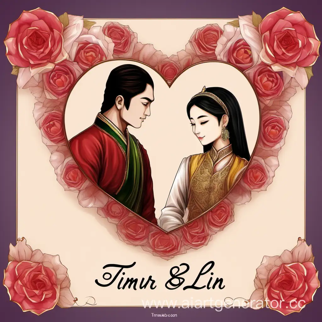 generate a romantic picture and write the two names which are Timur and Lin