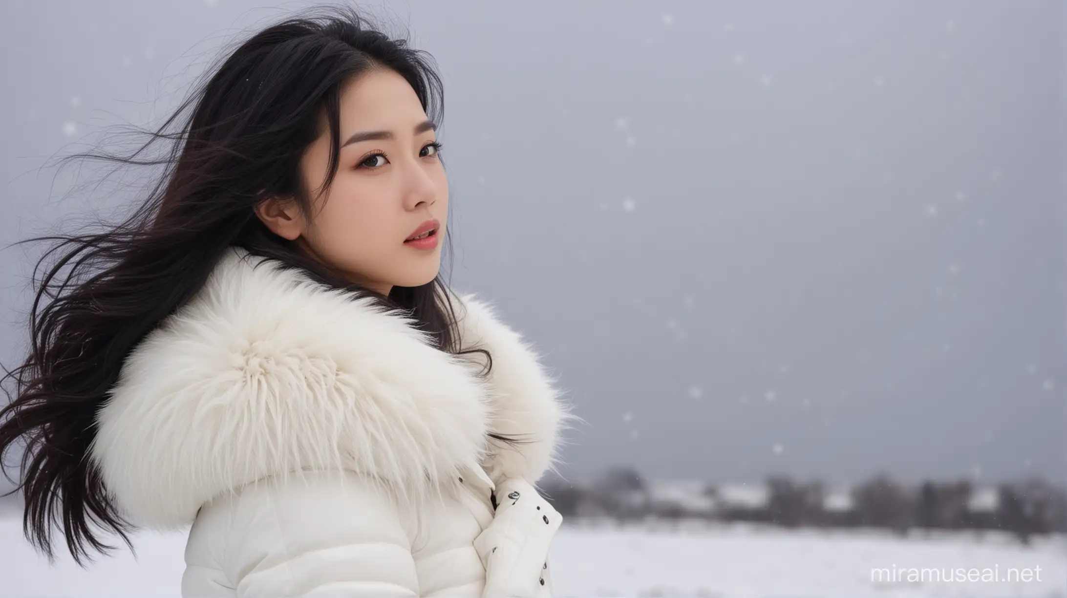Elegant Woman in OrientalInspired Winter Wear Amidst Snowy Blizzard