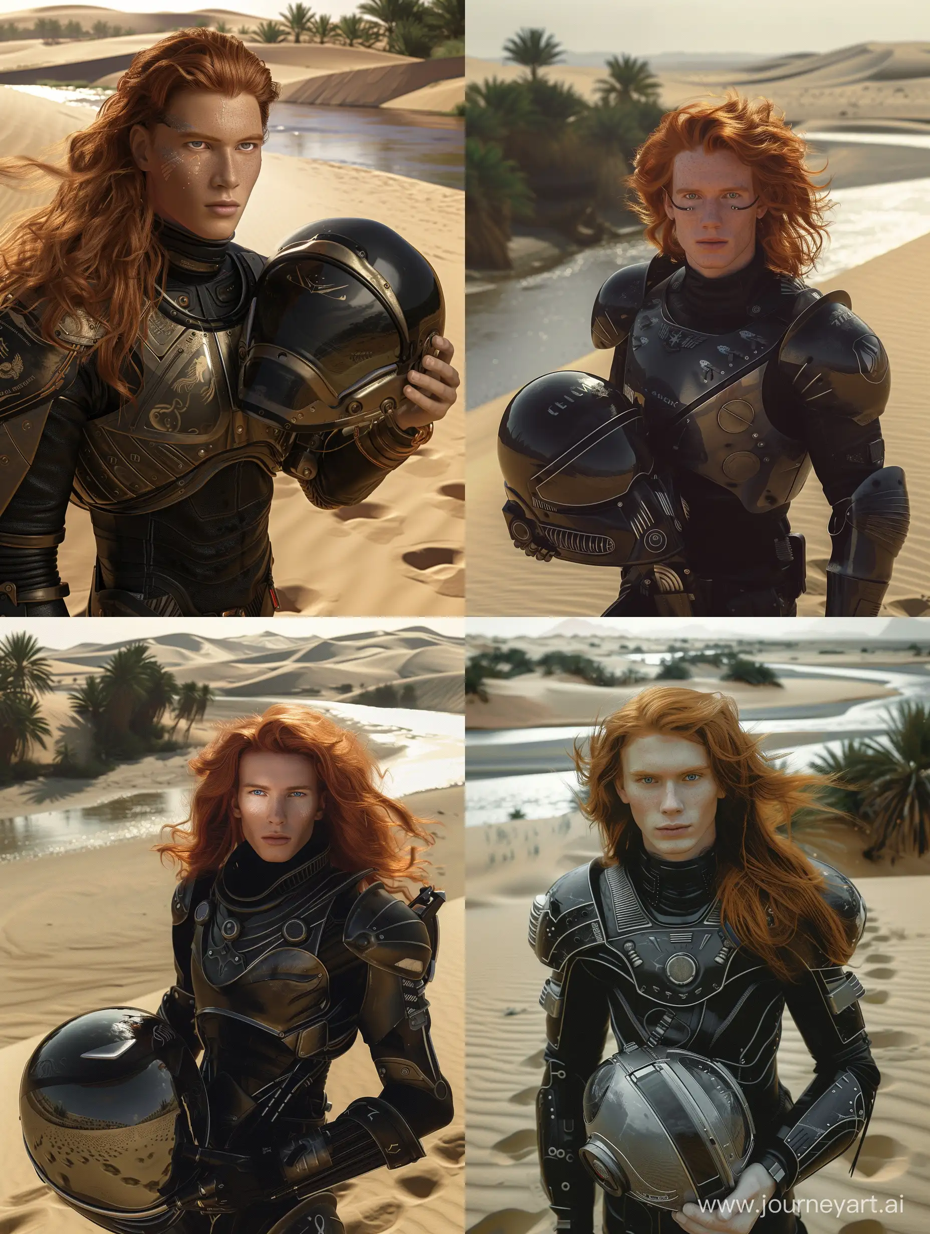 a  30-old-year man in lightweight space protective space armor with a little long red hair, large expressive eyes, aristocratic features, in the foreground, He holds the helmet in his hand, large dunes, sand, river and palms in background, beautiful, sharpness, romantic, footprints in the sand, , fantastic, photography, close-up, hyper detailed, trending on artstation, sharp focus, studio photo, intricate details, highly detailed, in the style of black and dark silver, y2k aesthetic, soft, dream-like quality, princecore, smooth and shiny, pensive poses, precise detailing