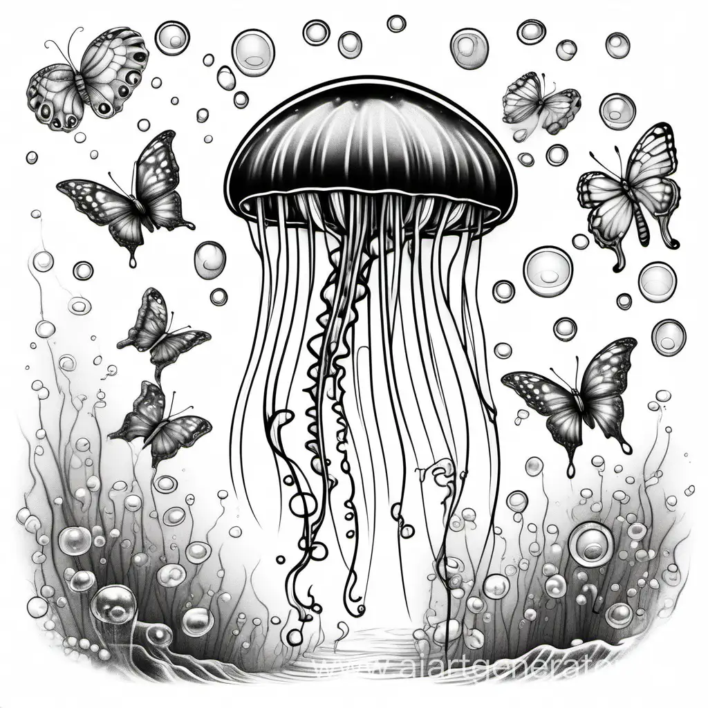 Graceful-Harmony-Jellyfish-and-Butterflies-in-Monochromatic-Tattoo-Sketch