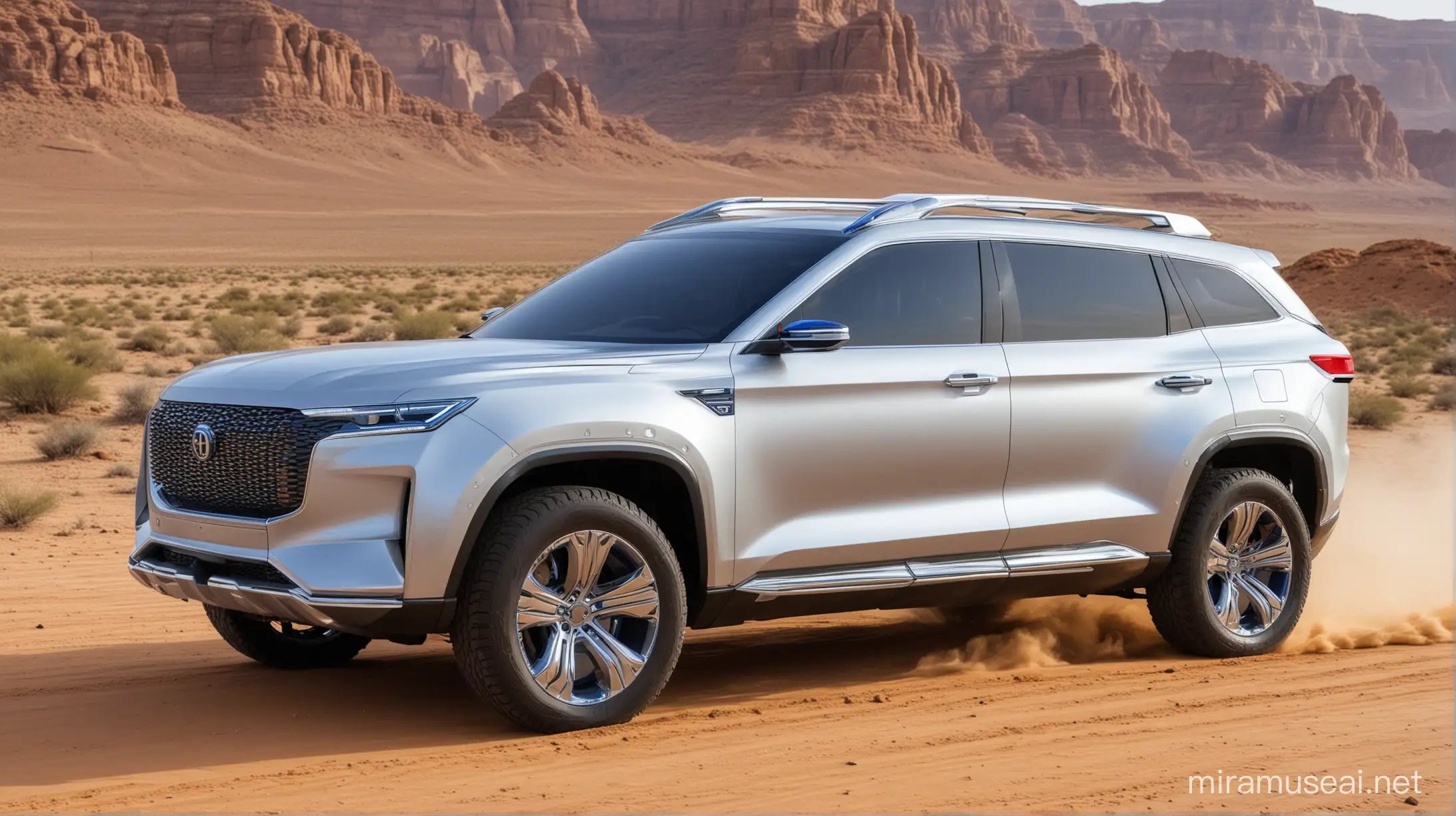 A silver and blue concept full size suv car designed by the IKCO,  this suv is designed in style of IKCO DENA,  driving on the desert 