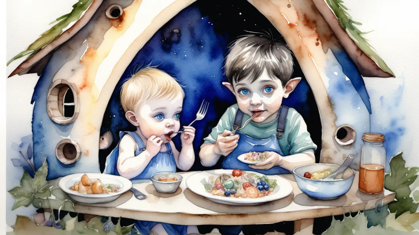 Enchanting Watercolor Scene Pixie and Baby Girl Sharing Dinner in a Fairy House