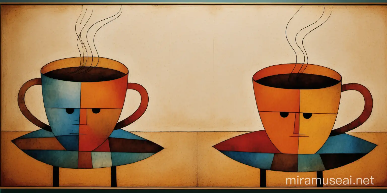 Male im Stil von Paul Klee ein buntes Bild: 2 Tassen Kaffee