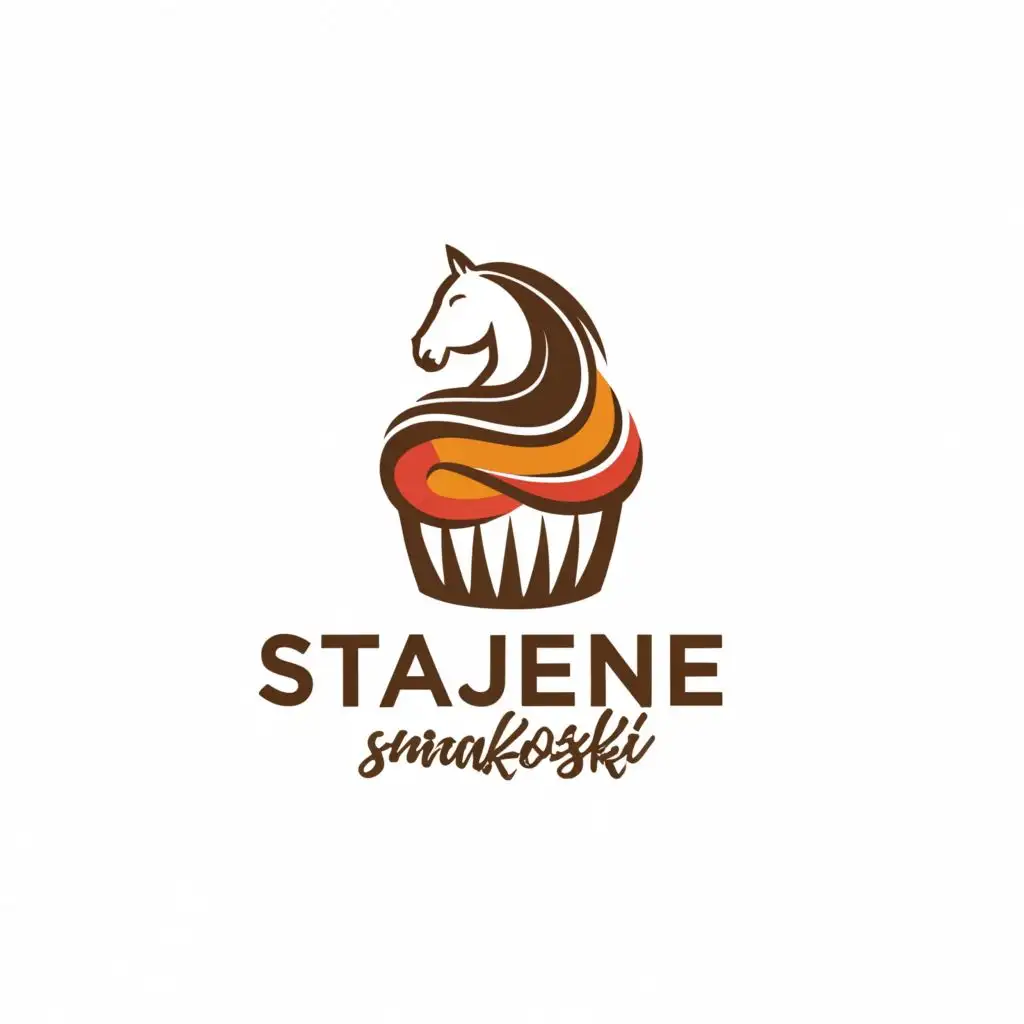logo, minimalist horse logo on cupcake background, with the text "Stajenne Smakołyki", typography