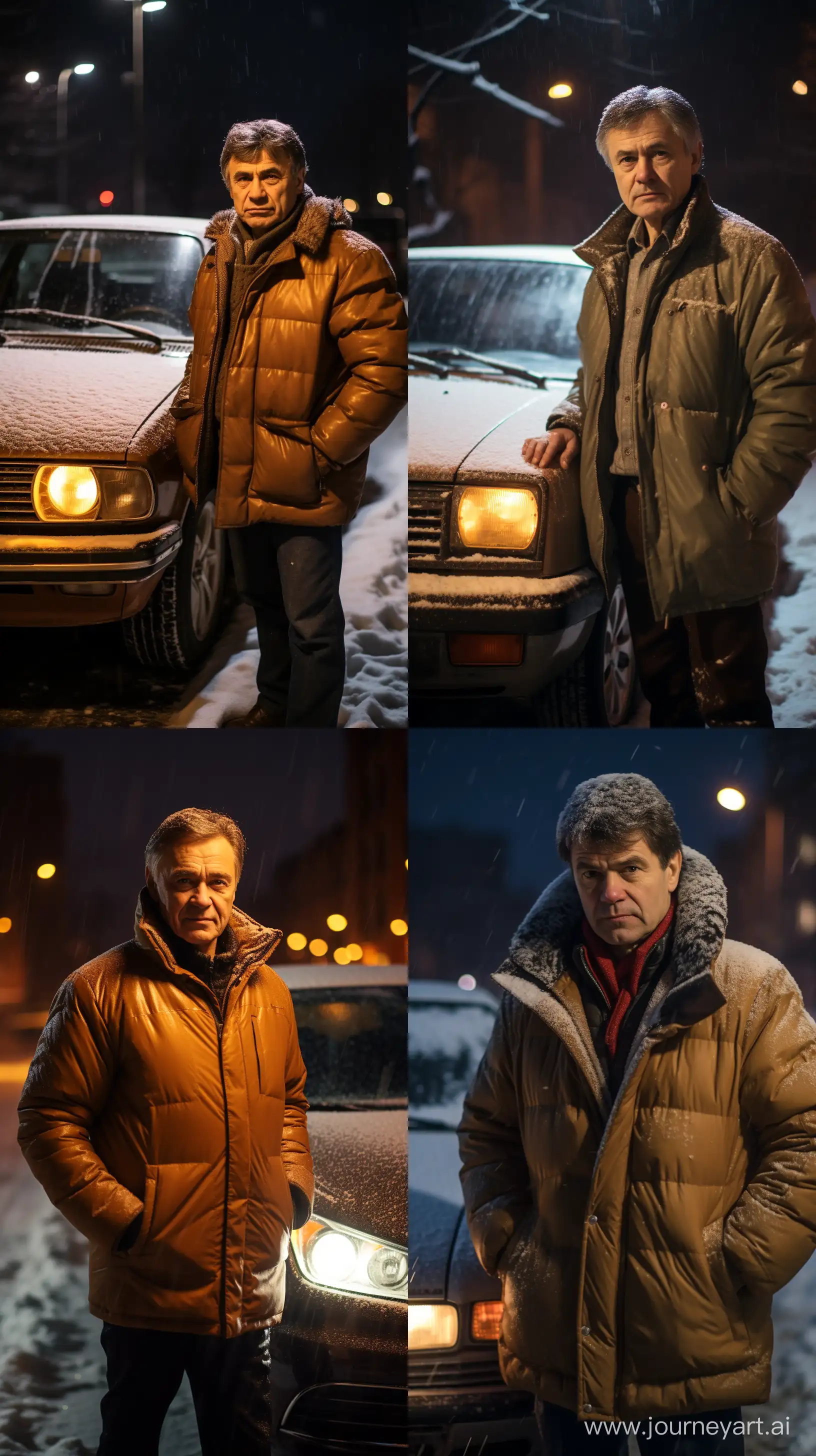 A man with brown hair, in the 80s and 90s of the USSR, stylishly dressed, standing next to a car, it's snowing in winter, the lights are on in the evening,man aged 60, Canon EOS 5D Mark IV DSLR, f/8 aperture, 1/125 second shutter speed, ISO 800, professional lighting setup, Adobe Photoshop, attention to detail::3 --ar 9:16