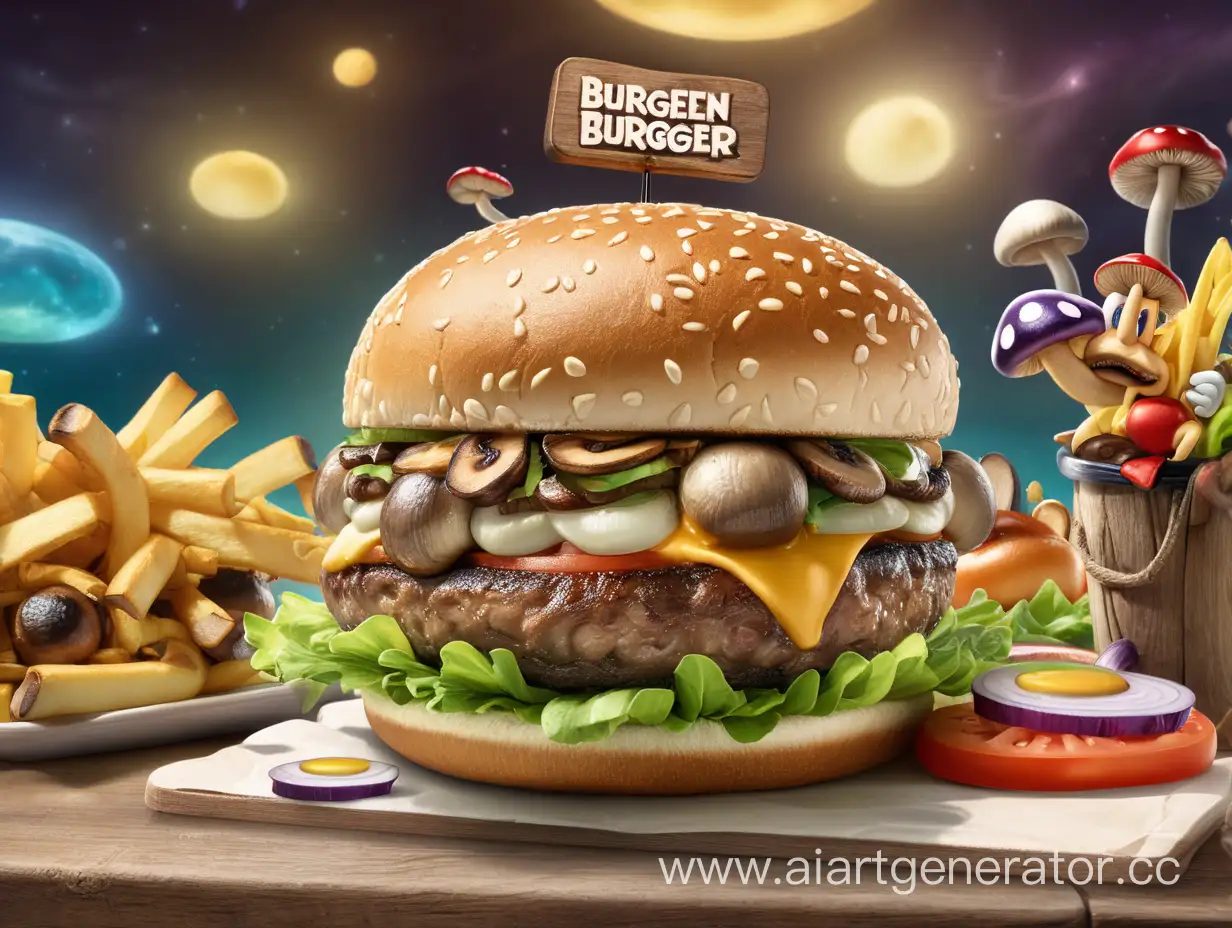 A dystopian world set in 2030, with flying cars, unlimited food, and telepathic communication.  Type Here Introducing the scrumptious Super Shroom Burger, brought to you by BurgerBlast! Dive into a world of savory flavors with each bite of our mouthwatering burger. Made with only the finest, juiciest mushrooms straight from the Mushroom Kingdom, this burger will transport your taste buds to a magical land of culinary delight. Picture sinking your teeth into a sizzling patty made from the rarest, most exotic mushrooms, perfectly grilled to perfection. Each bite releases a burst of earthy flavors, complemented by a medley of delightful toppings including melted cheese, crispy lettuce, and a secret sauce that adds just the right amount of tanginess. It's a taste sensation that will have you coming back for more, again and again. Say goodbye to boring, traditional burgers and say hello to the power-packed Super Shroom Burger. Whether you're a carnivorous Goomba or a plant-loving Yoshi, this burger is perfect for all inhabitants of the Mushroom Kingdom. It's time to embark on a flavor-filled adventure with BurgerBlast! So, why settle for dull and ordinary when you can have the extraordinary? Grab your Super Shroom Burger today and let your taste buds journey through the Mushroom Kingdom in every delectable bite. Taste the magic, only at BurgerBlast! BurgerBlast - Where culinary dreams come true! "Unlock the Mushroom Kingdom of flavor with the Super Shroom Burger, only at BurgerBlast!"