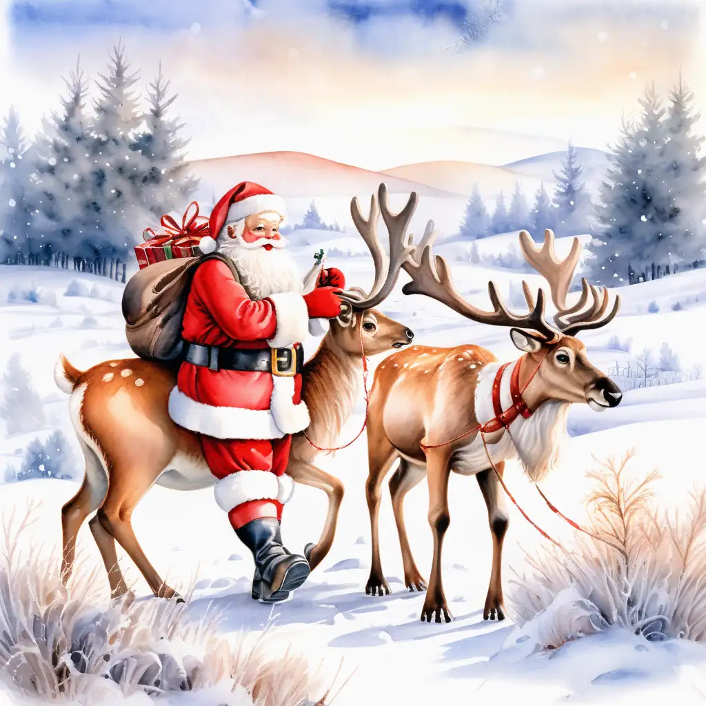 Curious Santa and Playful Reindeers with Bold Outlines