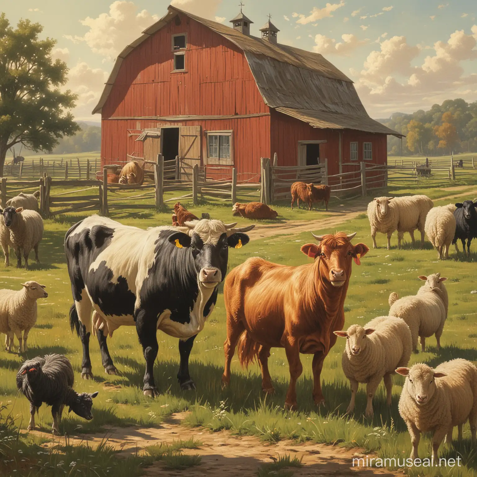 Rural Farm Animals Cow Sheep and Rooster in Antique Setting
