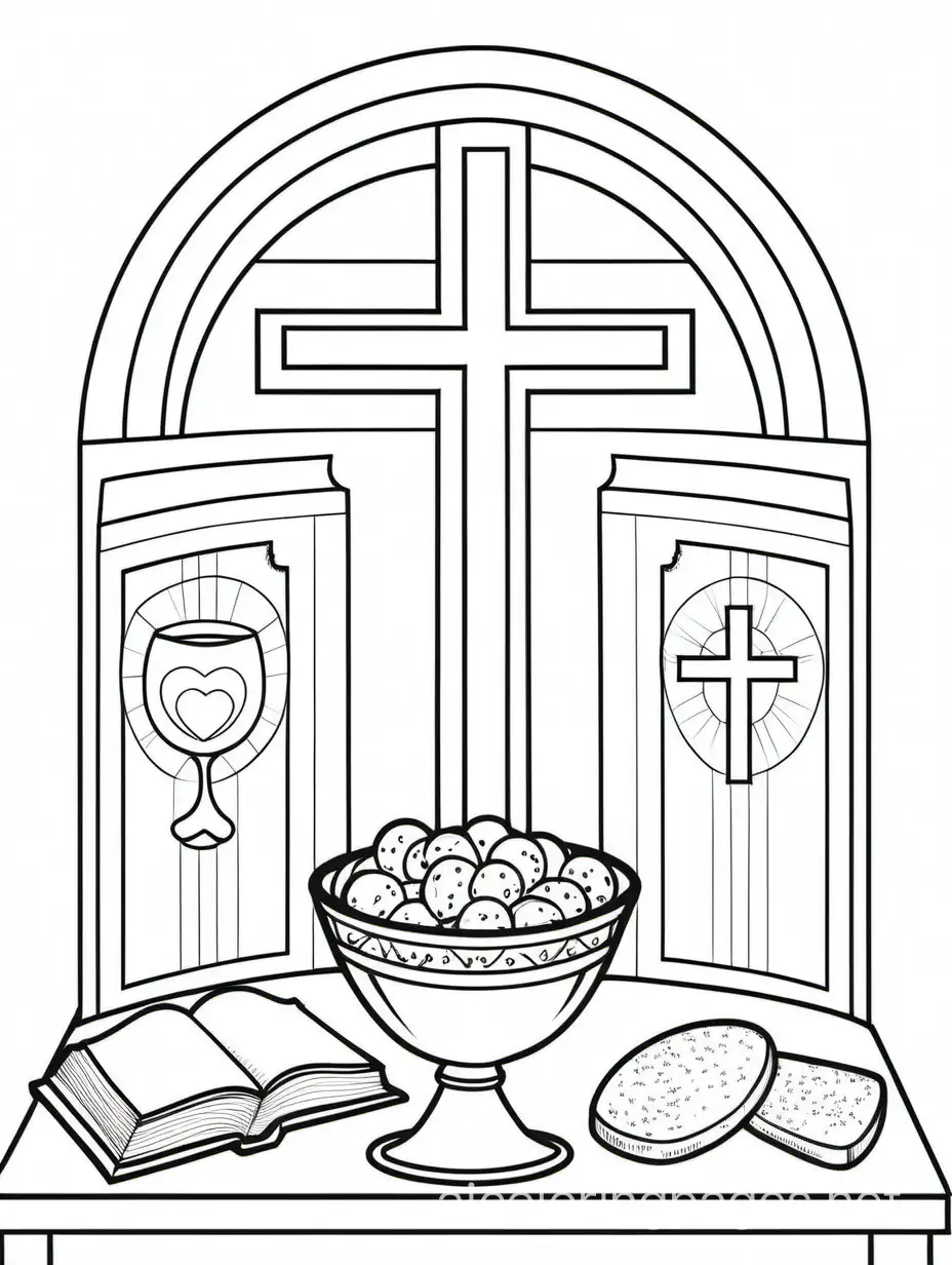 Church communion, Coloring Page, black and white, line art, white background, Simplicity, Ample White Space. The background of the coloring page is plain white to make it easy for young children to color within the lines. The outlines of all the subjects are easy to distinguish, making it simple for kids to color without too much difficulty