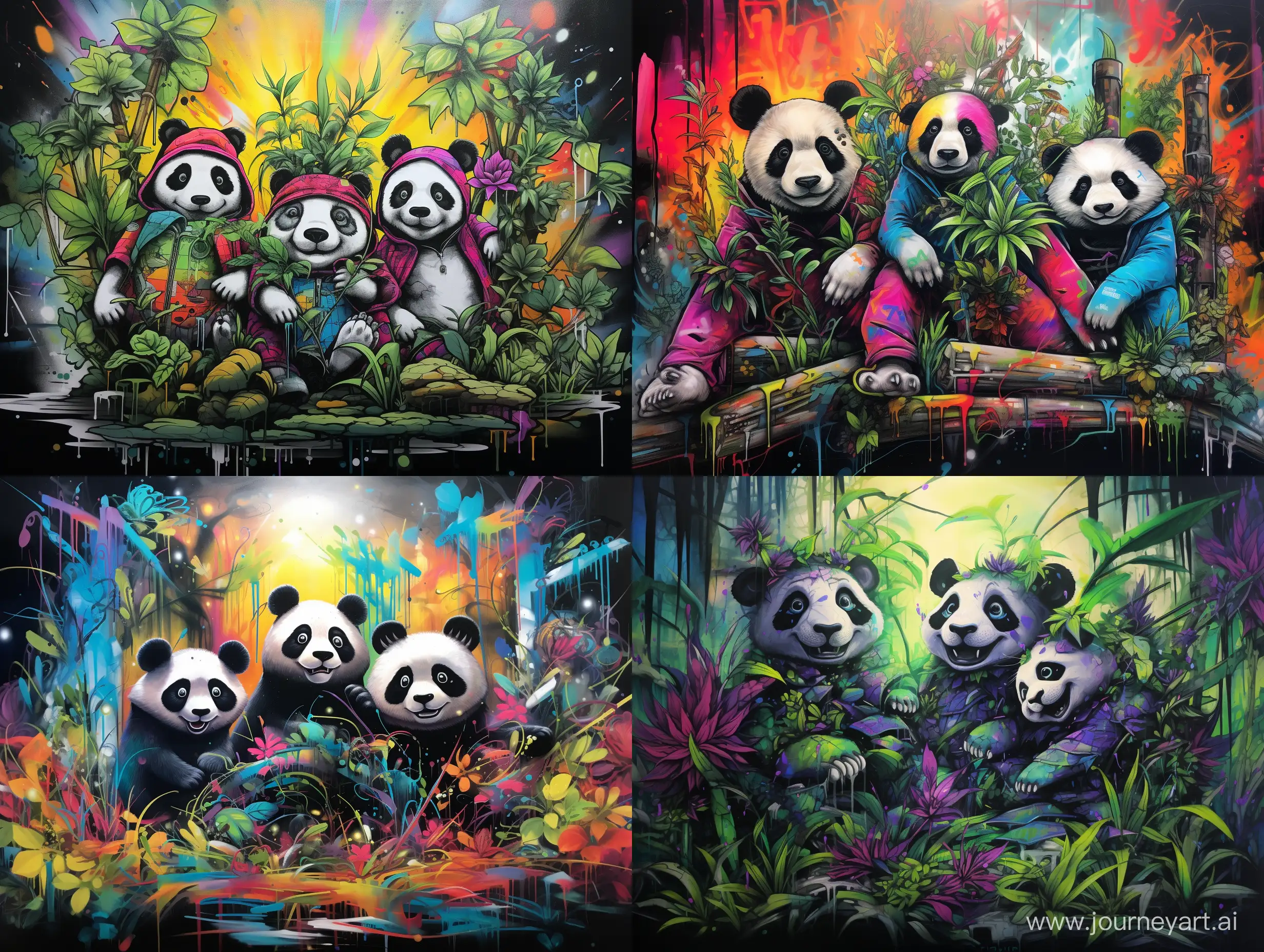 4 pandas, bamboo, graffiti, sketch art