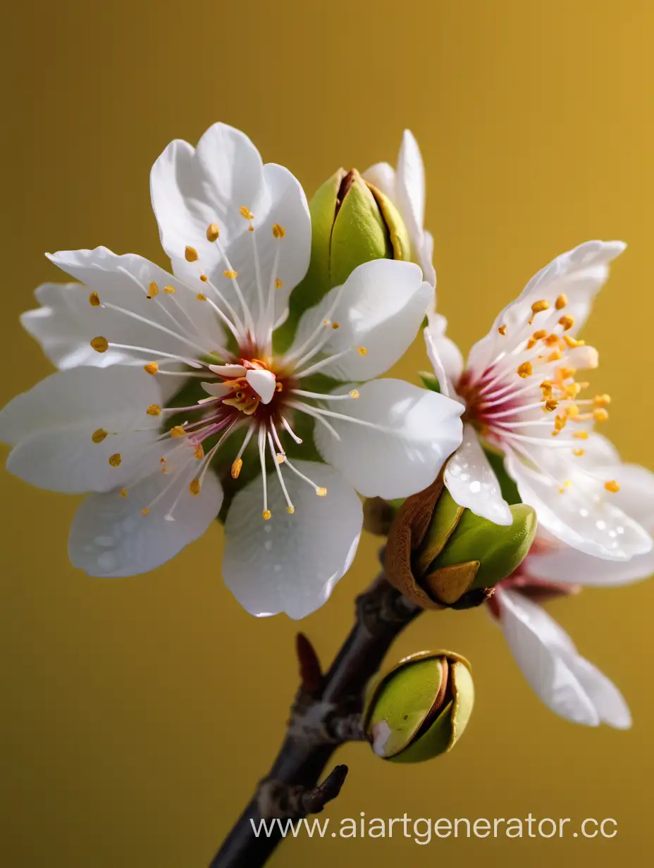 Almond Blossom 8k extreme CLOSE UP with details royal green and deep yellow background