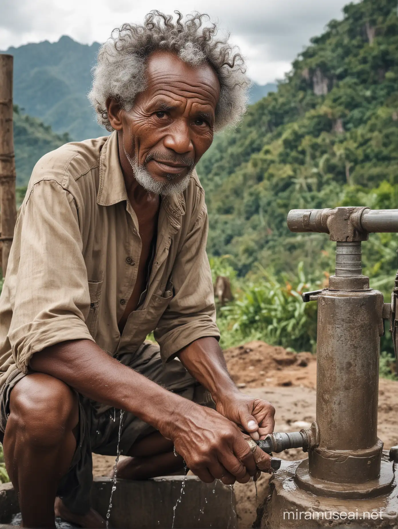 Elderly Papuan Man Repairing Water Well with Scenic View