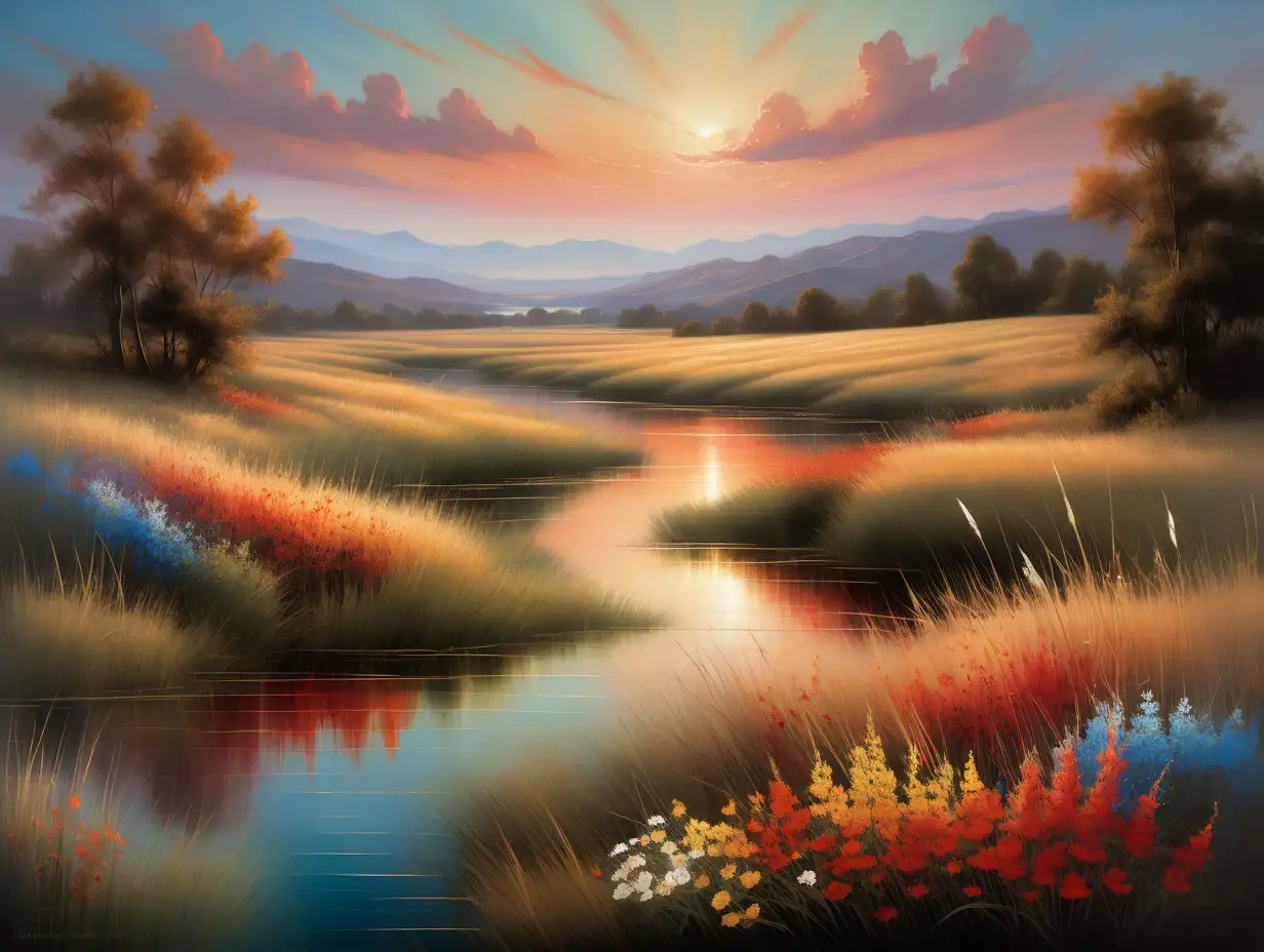 sunset bathes the landscape in a warm, golden glow, casting its radiant embrace across the vast expanse of sky and land. Hues of crimson, amber, and sapphire mingle harmoniously, painting the heavens with an ethereal palette of colors.

Wispy clouds drift lazily overhead, catching the last rays of daylight as they traverse the azure expanse. Their soft forms cast gentle shadows upon the rolling hills below, adding depth and dimension to the scene.

At the heart of the painting lies a tranquil lake, its mirror-like surface reflecting the celestial spectacle above with pristine clarity. Tall grasses sway gently in the breeze along the water's edge, their verdant forms adding a sense of movement and vitality to the landscape.

Amidst this breathtaking panorama, a profusion of wildflowers bursts forth in a riot of color, their delicate petals aglow with the fading light of day. Each blossom is rendered with meticulous detail, capturing the intricate beauty of nature in all its splendor.