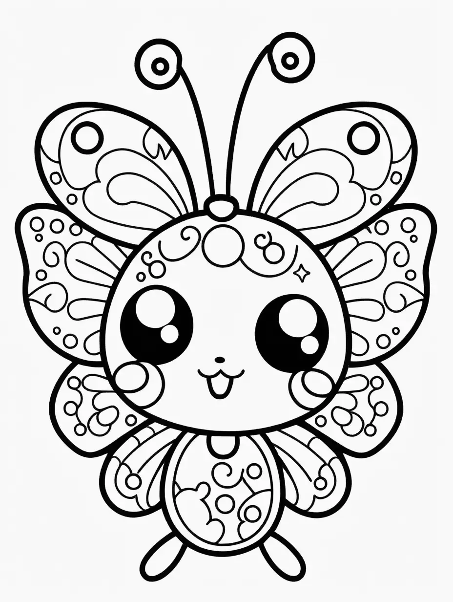 Coloring page for kids, kawaii butterfly, cartoon style, thick lines, no shading