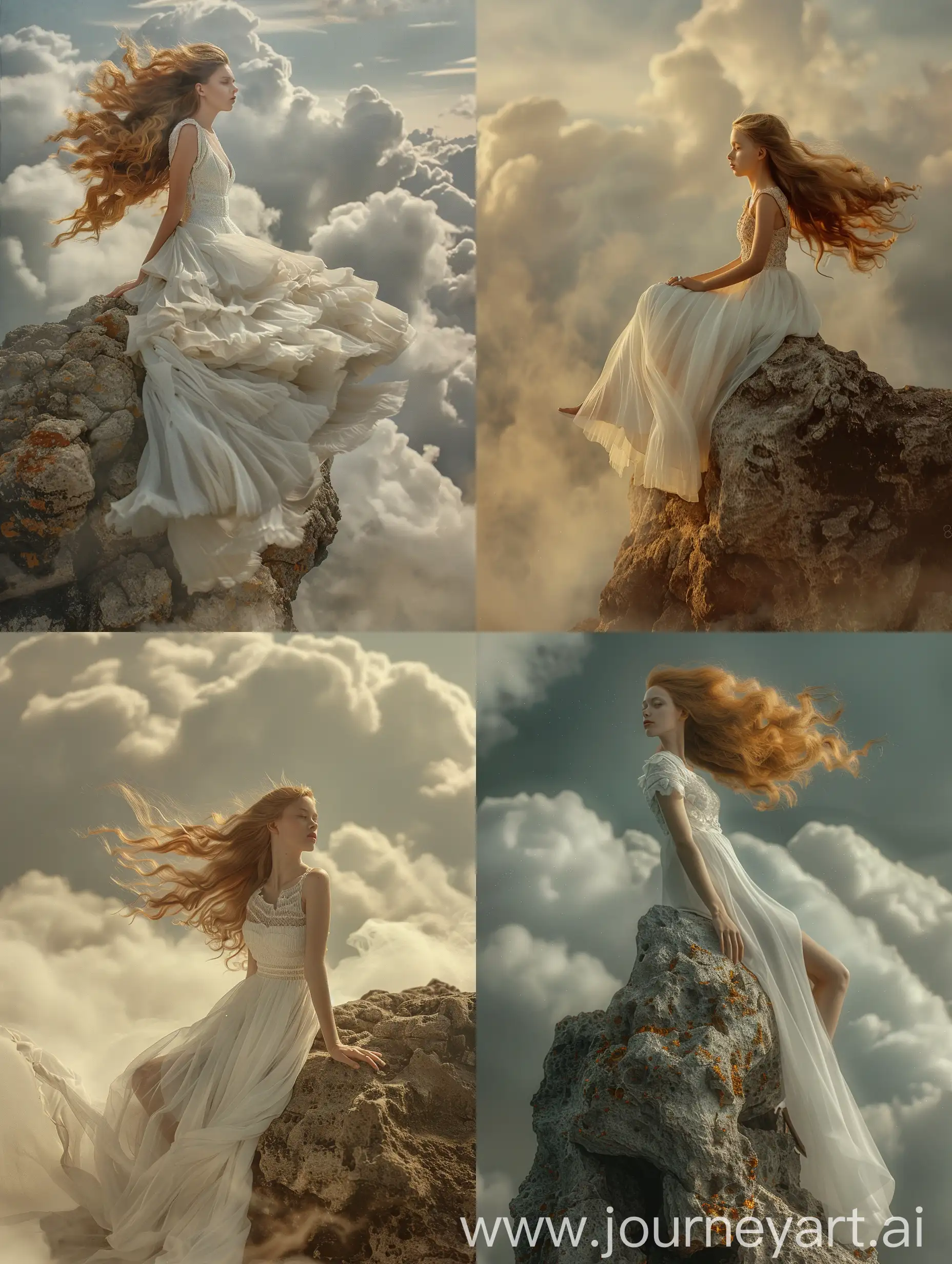 Девушка в белом фантастическом платье, летящие золотые волосы, сидит боком на огромном камне, облака, 8k, дымка, ультодетализация, плёночная фотография, рассеяние света, тенденции на артстанции, резкий фокус, высокая детализация