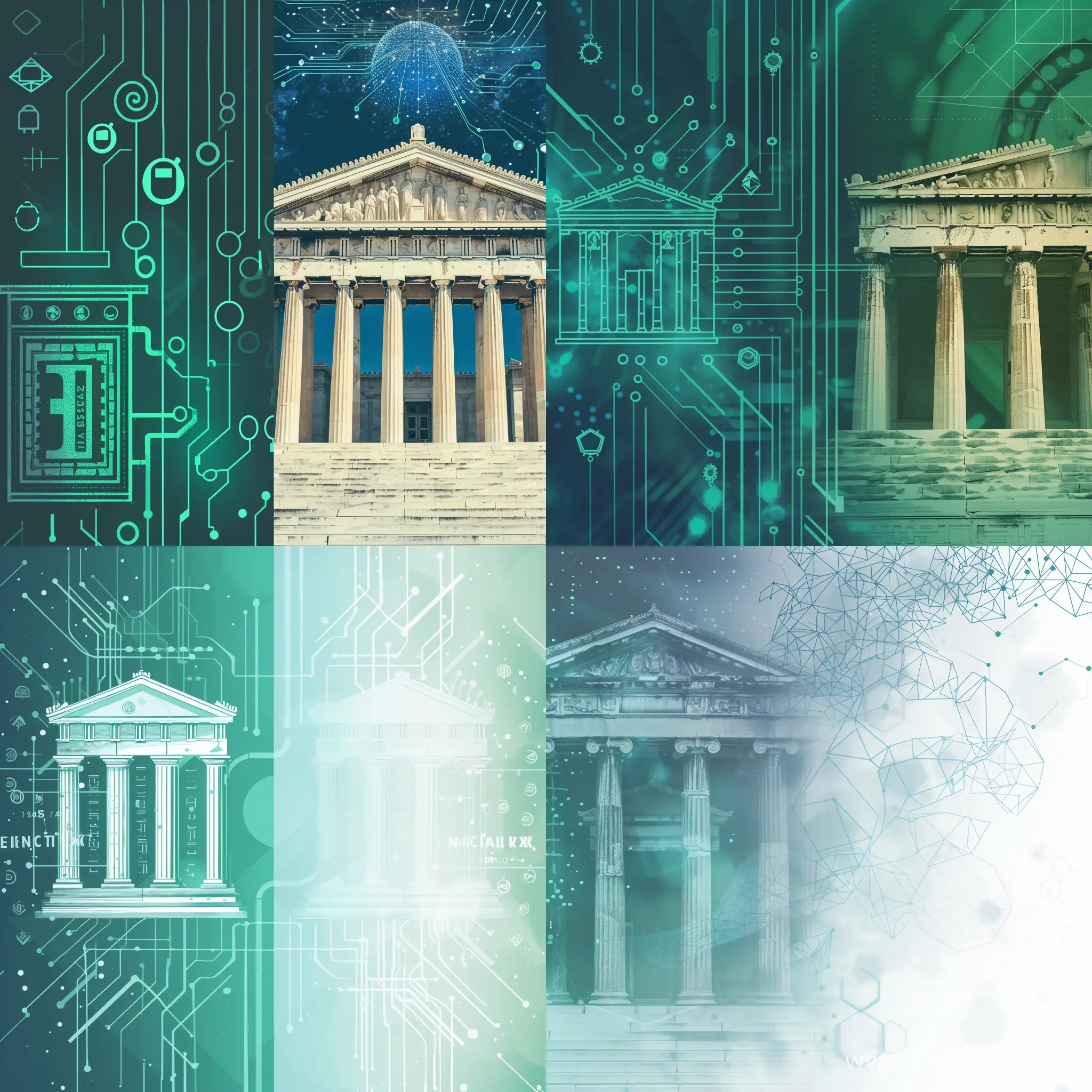 technologic background, blockchain, digital, light blue and green, old greek bank icon on the left in the same style
 

