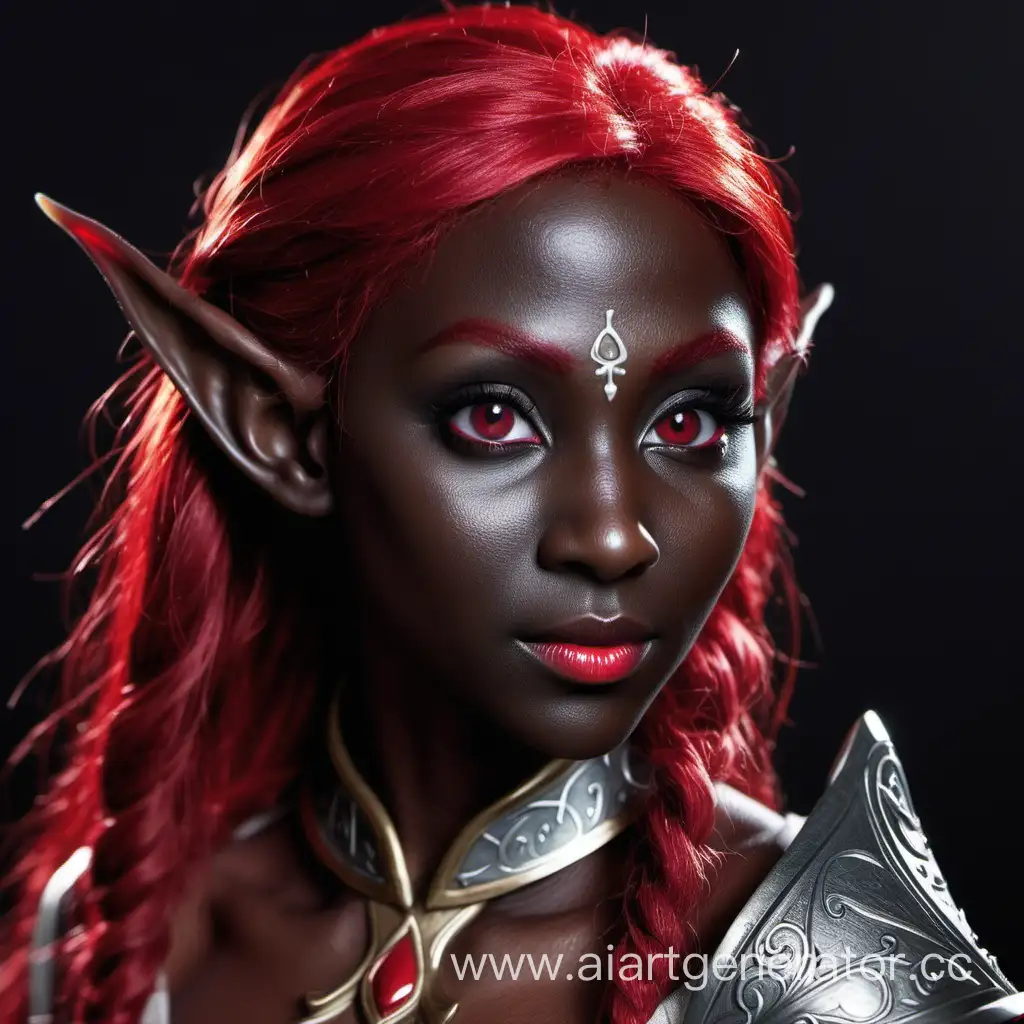 Woman-elf, dark gray skin, raspberry eyes, with red hair, sharp facial features, portrait.