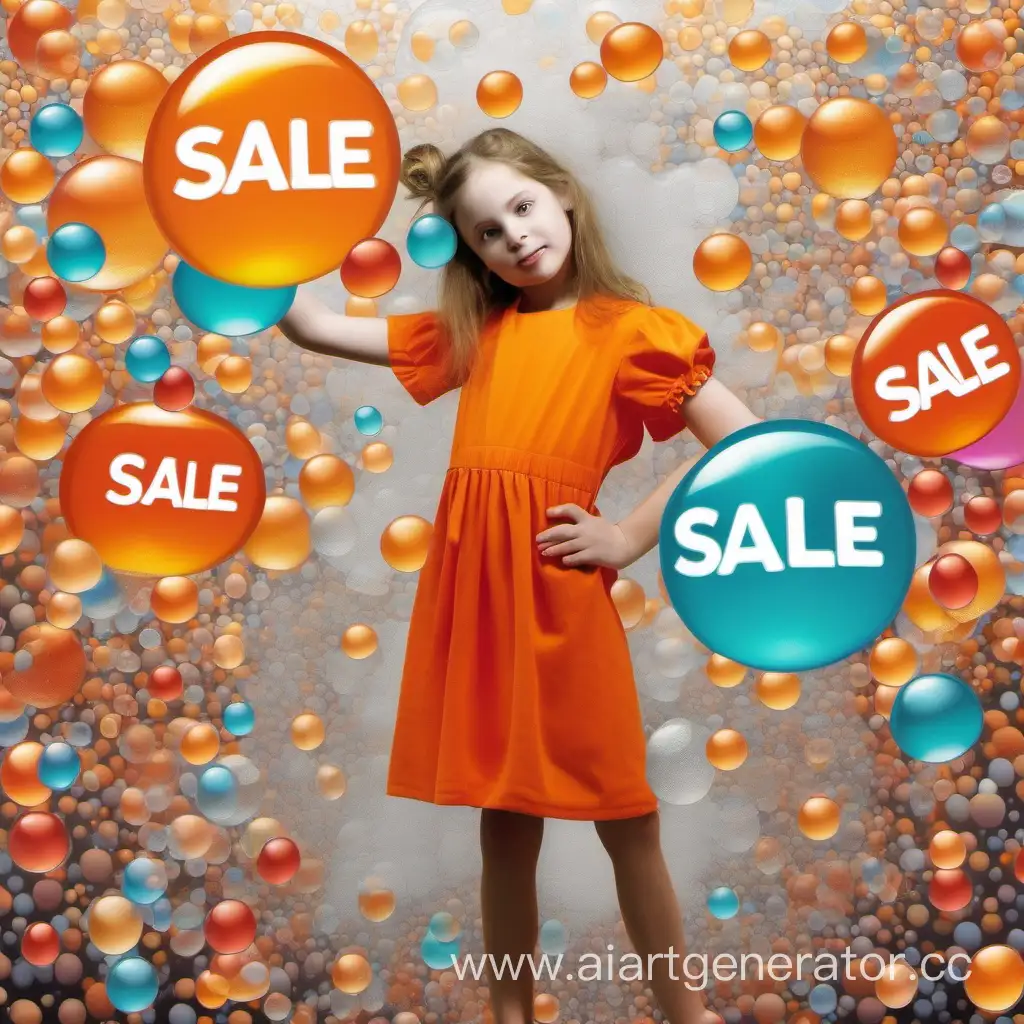 девушка в оранжевом платье  на фоне разноцветных пузырей с табличкой "Мыльные пузырьки от Димочки"  с надписью Sale