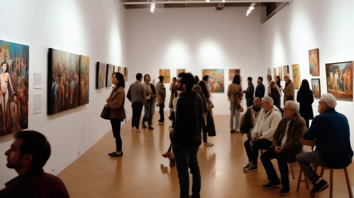 cinematic, photo of an art exhibition with variety of paintings on the wall, crowded scene, some people are sitting and some are standing, diverse crowd




