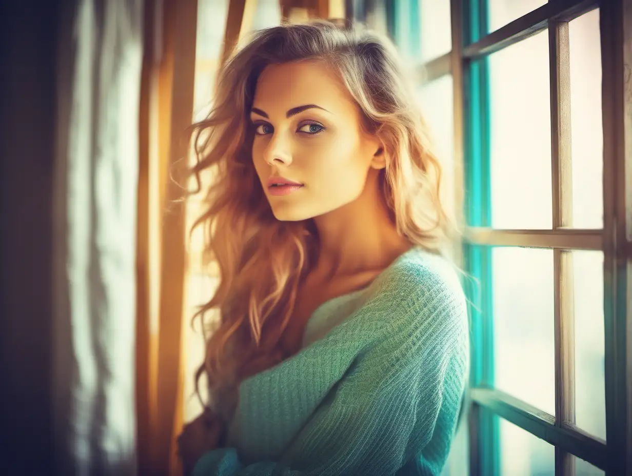 Colorful picture of beautiful young woman looking by the window