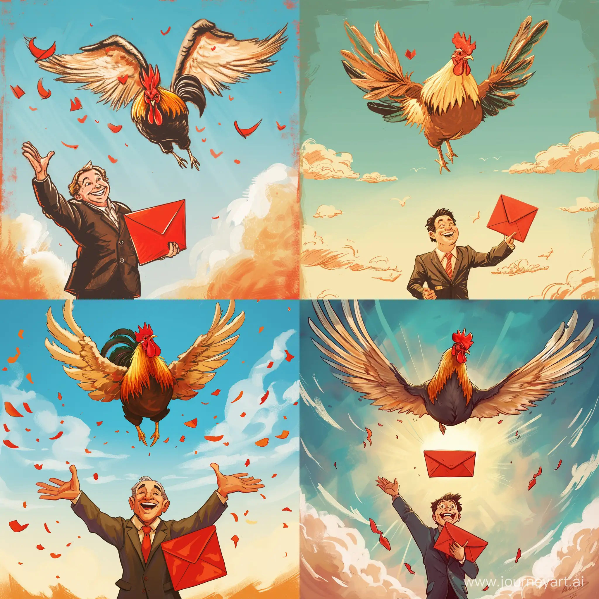帮我画一只公鸡，展翅飞向天空，下面站着一个穿着西装的男子，面带微笑，双手拿着红包。色彩饱满，卡通风格。
