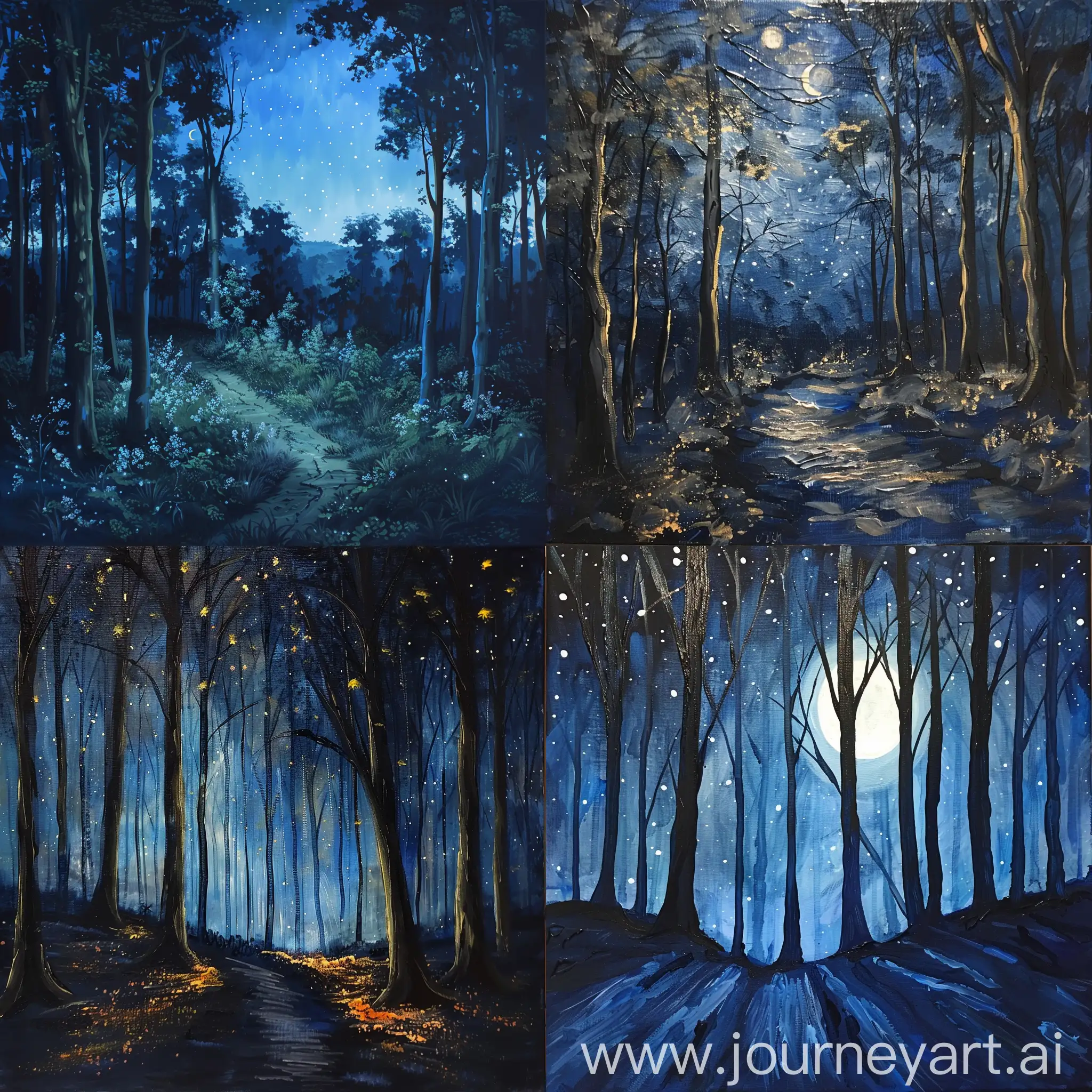 crea un cuadro de un bosque en la noche