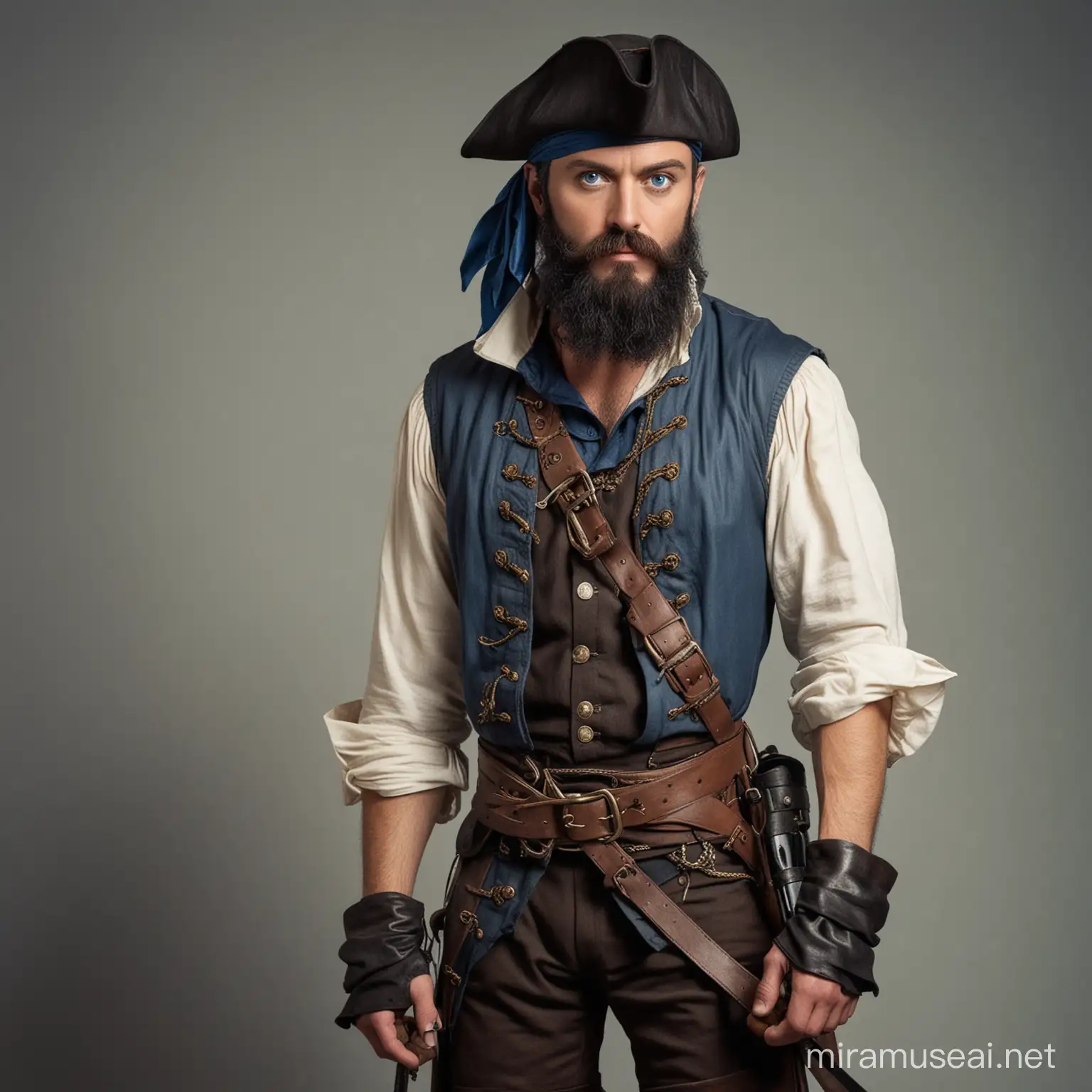 pirate, grand, yeux bleus, barbe longue et noire, cheveux courts et noir, cache œil, crochets, jambe de bois, botte en cuir