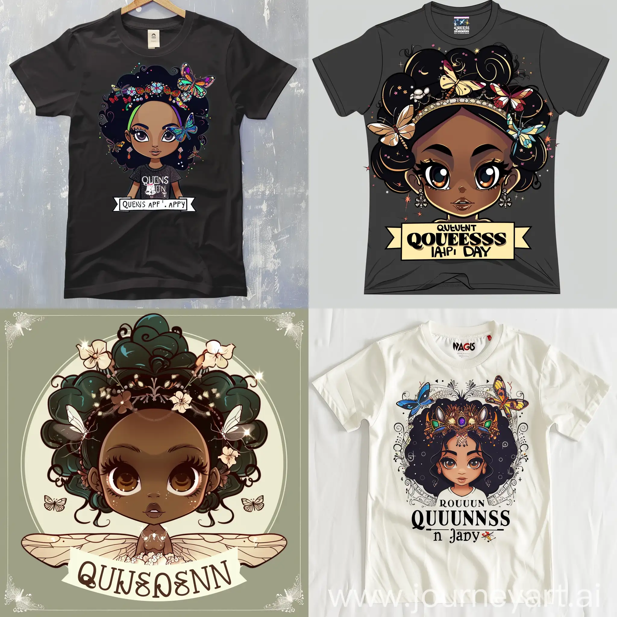 Crate a unique t-shirt day's of a ebony chibi women black we with buttflys in her hair highly detail no background HD flat colors add text QUEENS are born in in April