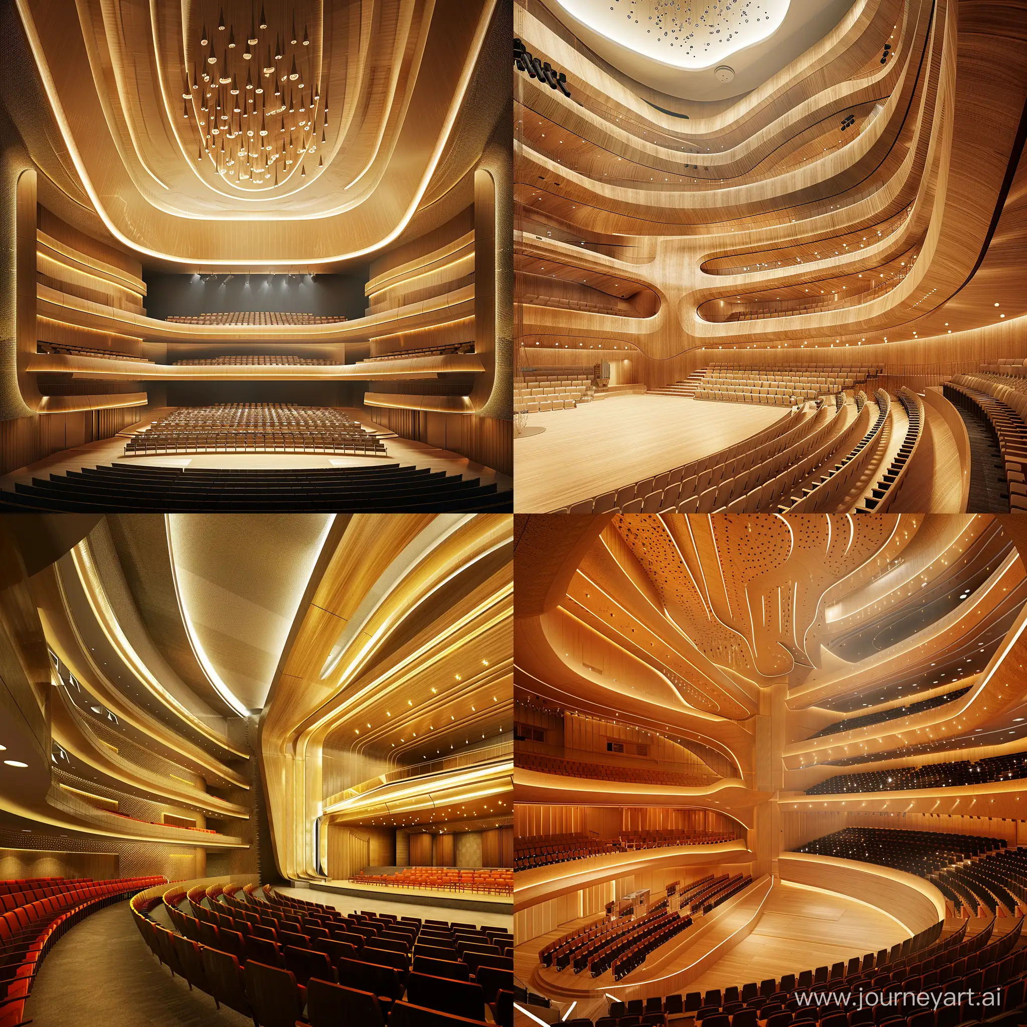 Get a rendering from the inside of an opera hall with a modern style and a capacity of 500 people