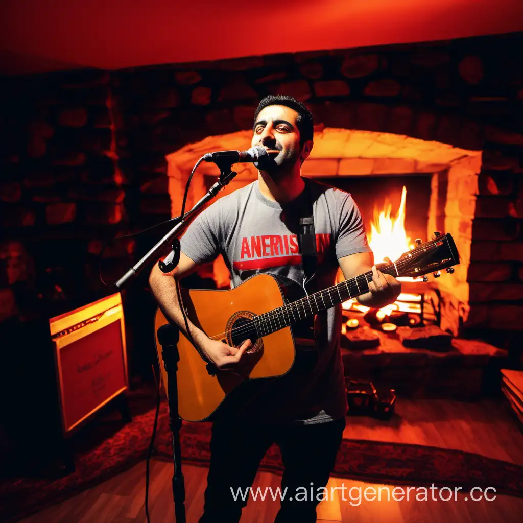 армянин средних 30 лет, ведет стрим с подписчиками, играет им на гитаре и поет песни. мужчина одет в серую футболку, на которой красным написано Hockey. у него микрофон. сзади камин с огнем и разноцветная подсветка на фоне