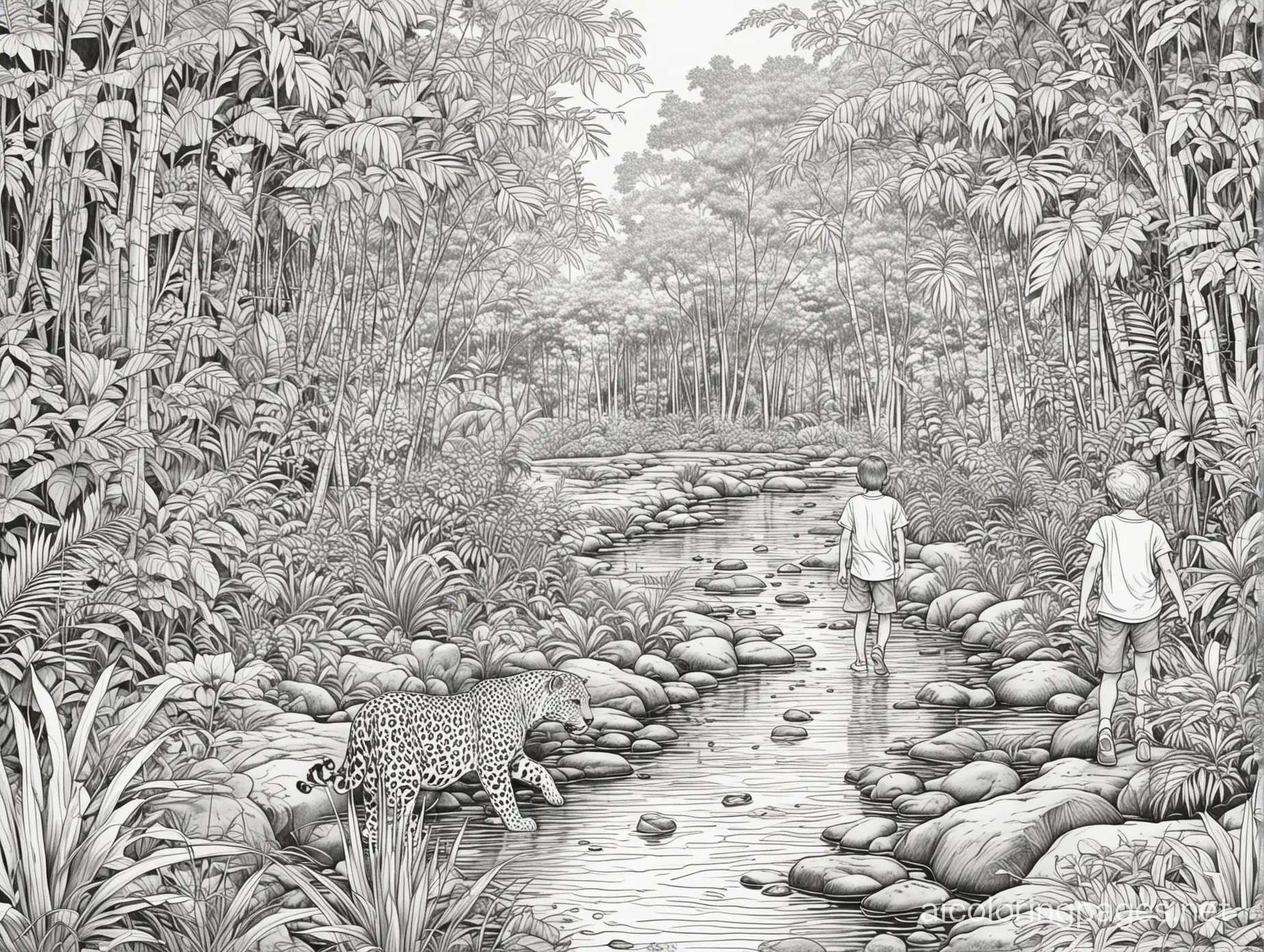 boy and girl walking in a beautiful tropical forest aside a small stream, with a jaguar watching them from the other side of the stream, Coloring Page, black and white, line art, white background, Simplicity, Ample White Space. The background of the coloring page is plain white to make it easy for young children to color within the lines. The outlines of all the subjects are easy to distinguish, making it simple for kids to color without too much difficulty