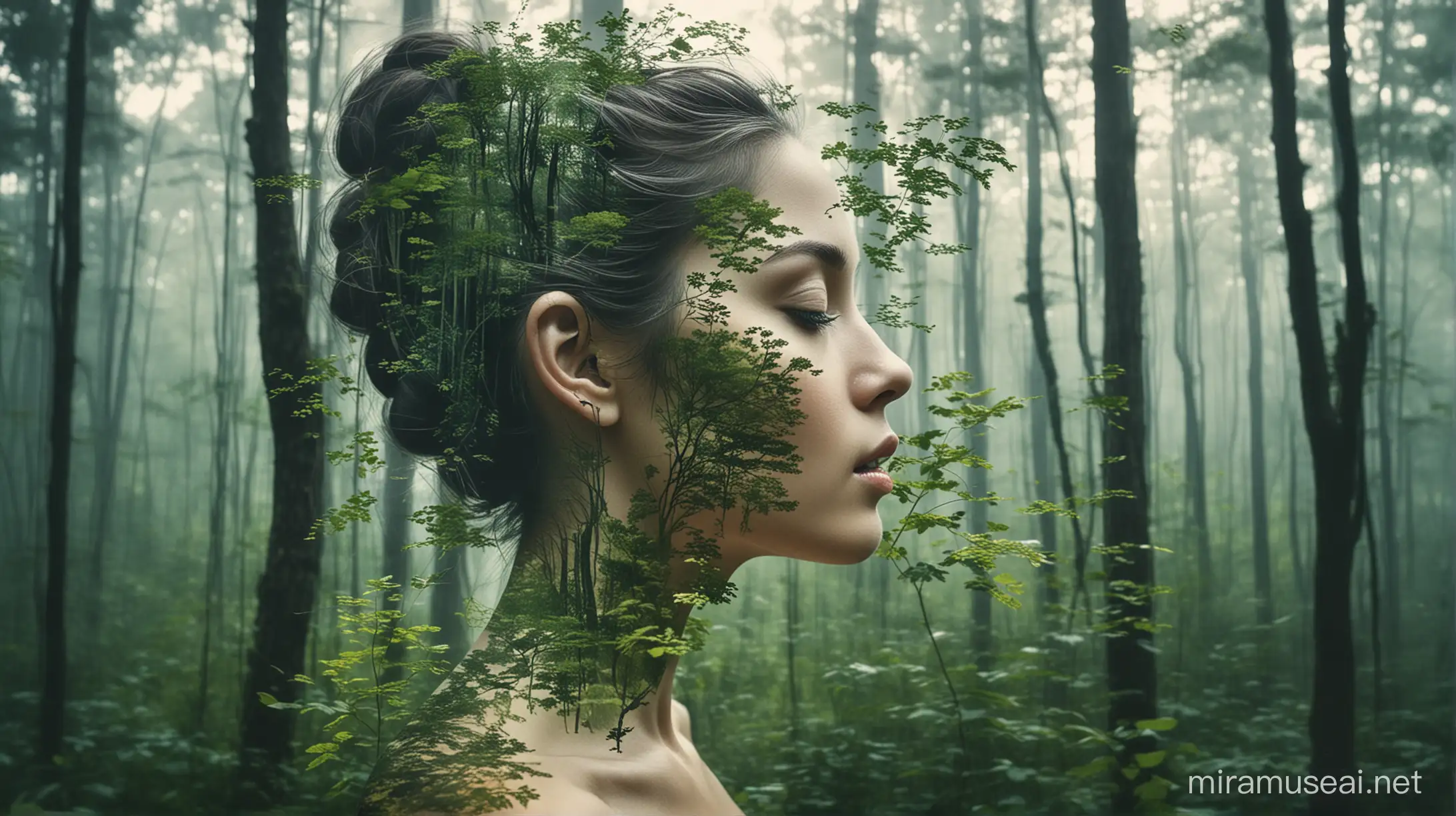 Create a captivating double exposure portrait where the serene beauty of a woman seamlessly merges with the lush embrace of nature. Picture a scene where the intricate details of forest trees delicately form the contours of her face, intertwining with her features in a harmonious dance of artistry and tranquility. Capture the essence of both worlds colliding as the abstract silhouette of the girl's profile emerges amidst the verdant hues of the green woods, evoking a sense of mystery and enchantment. Let your imagination roam freely as you craft this ethereal blend of human grace and natural splendor, where every stroke of your digital brush breathes life into this captivating fusion of beauty and wilderness