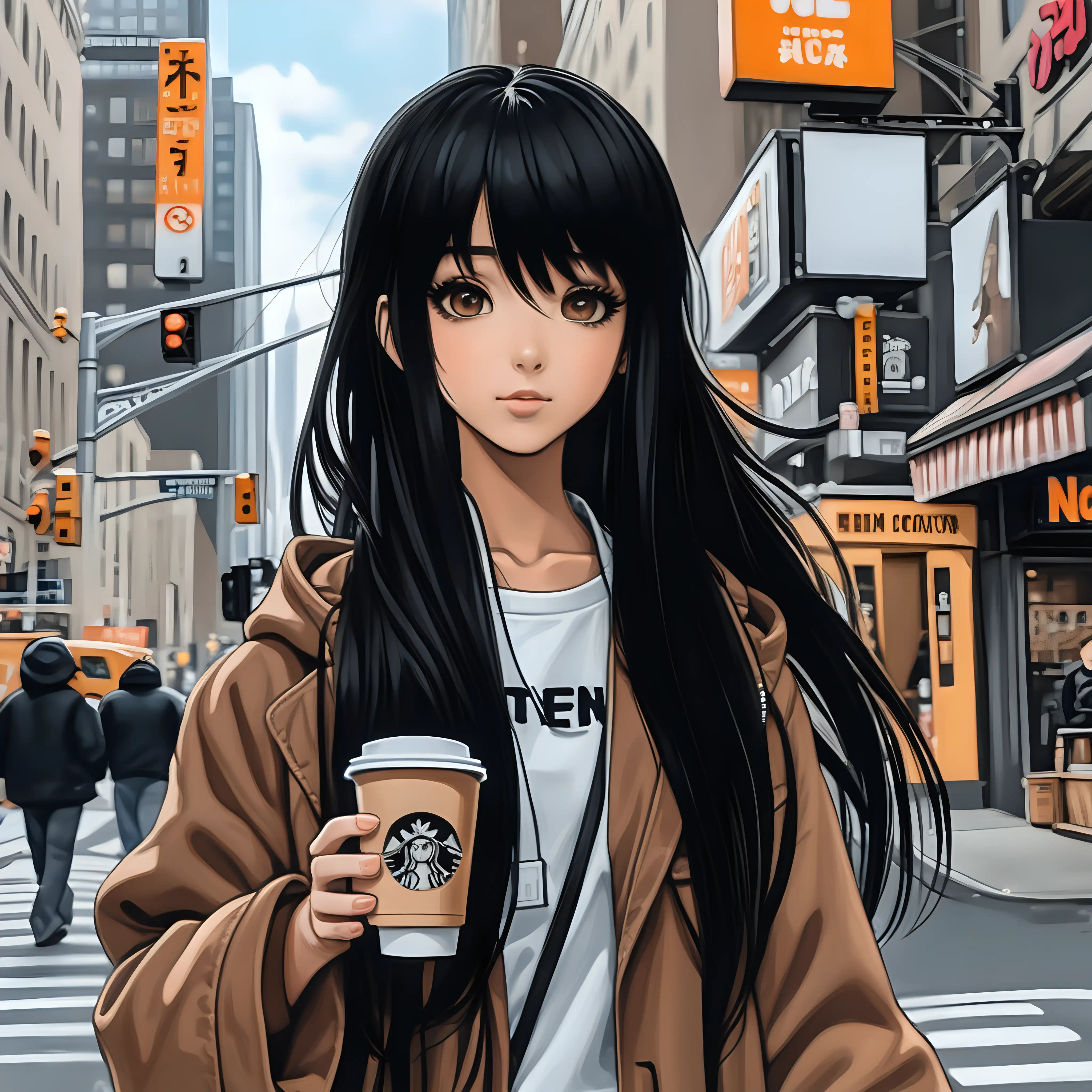 Stylish Anime Girl with Coffee in New York City