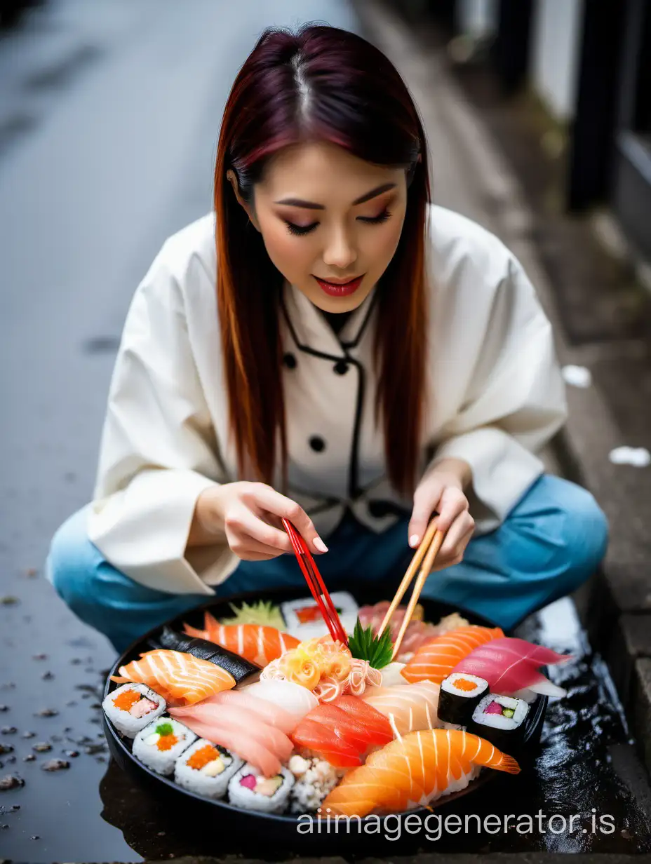 Beautiful woman eating chirashi sushi on a puddle, japanese