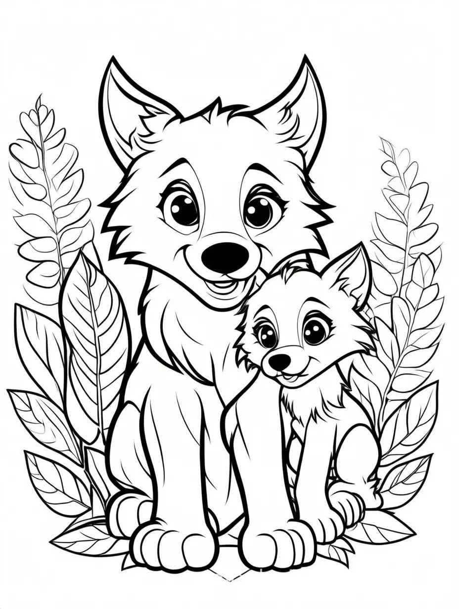 cuteWolf Pup with his baby for kids easy for coloring, Coloring Page, black and white, line art, white background, Simplicity, Ample White Space. The background of the coloring page is plain white to make it easy for young children to color within the lines. The outlines of all the subjects are easy to distinguish, making it simple for kids to color without too much difficulty